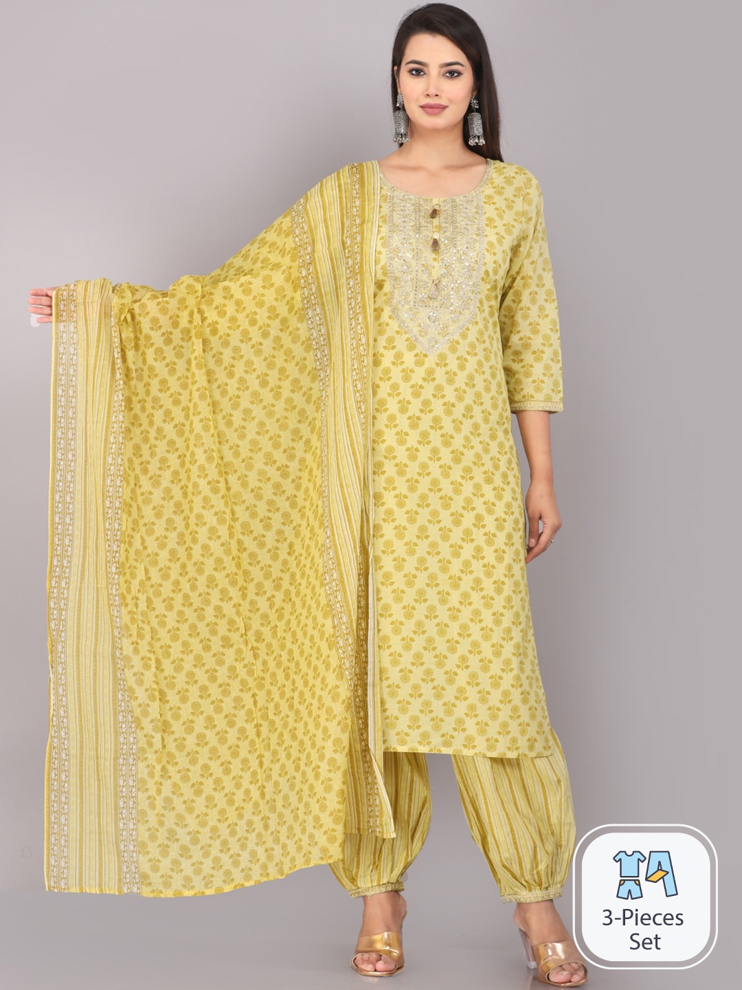 

JC4U Floral Printed Sequinned Regular Kurta With Salwar & Dupatta, Yellow