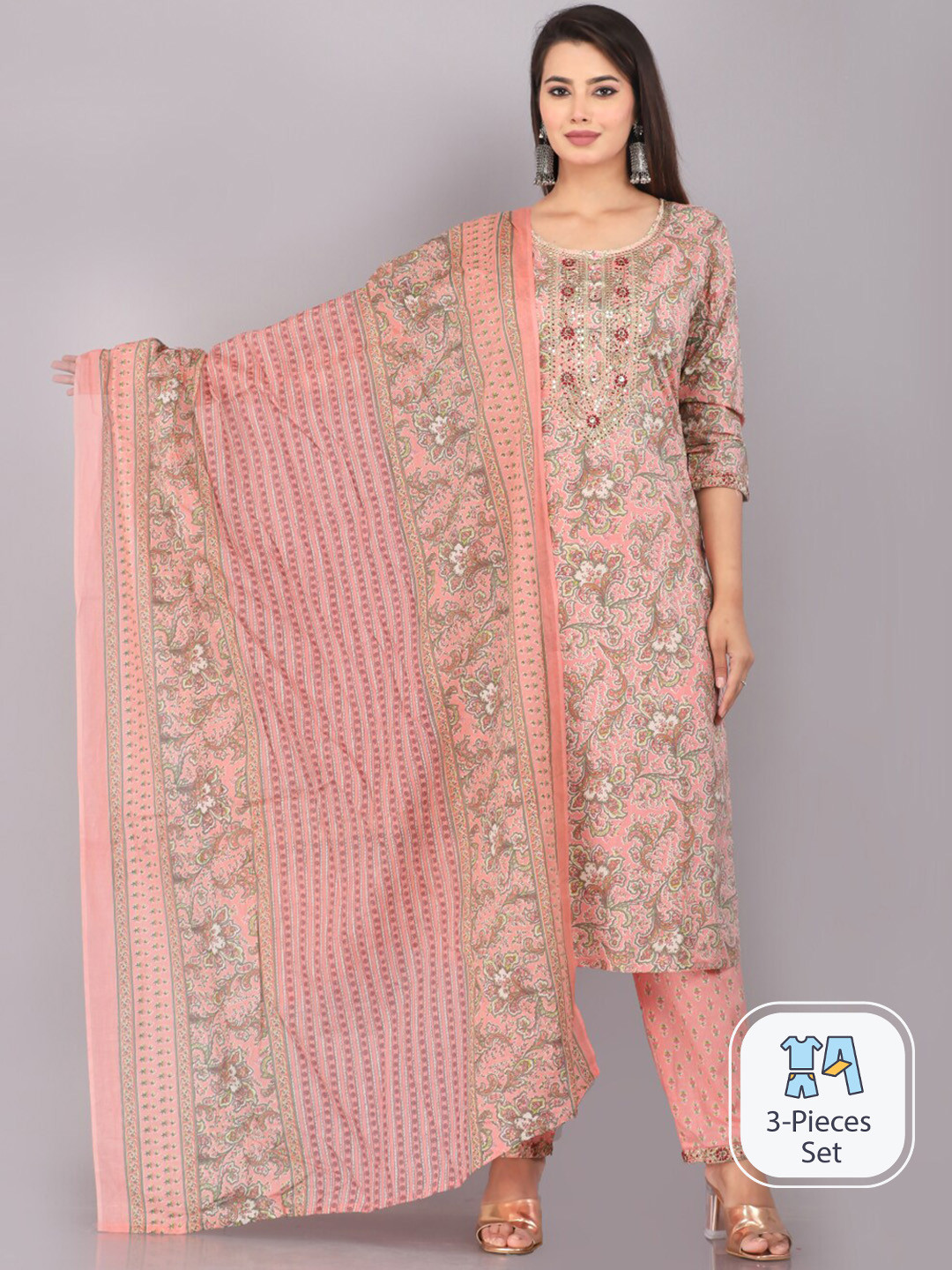 

JC4U Floral Printed Straight Kurta with Trousers & With Dupatta, Peach