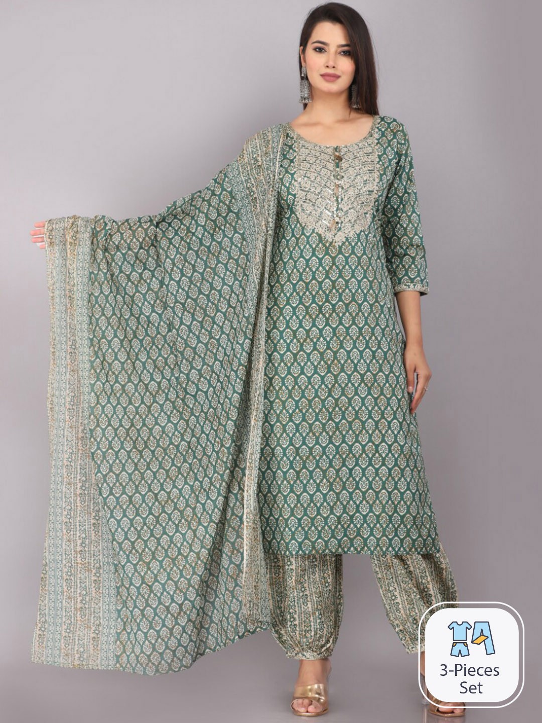 

JC4U Ethnic Motifs Printed Thread Work Kurta & Trousers With Dupatta, Green