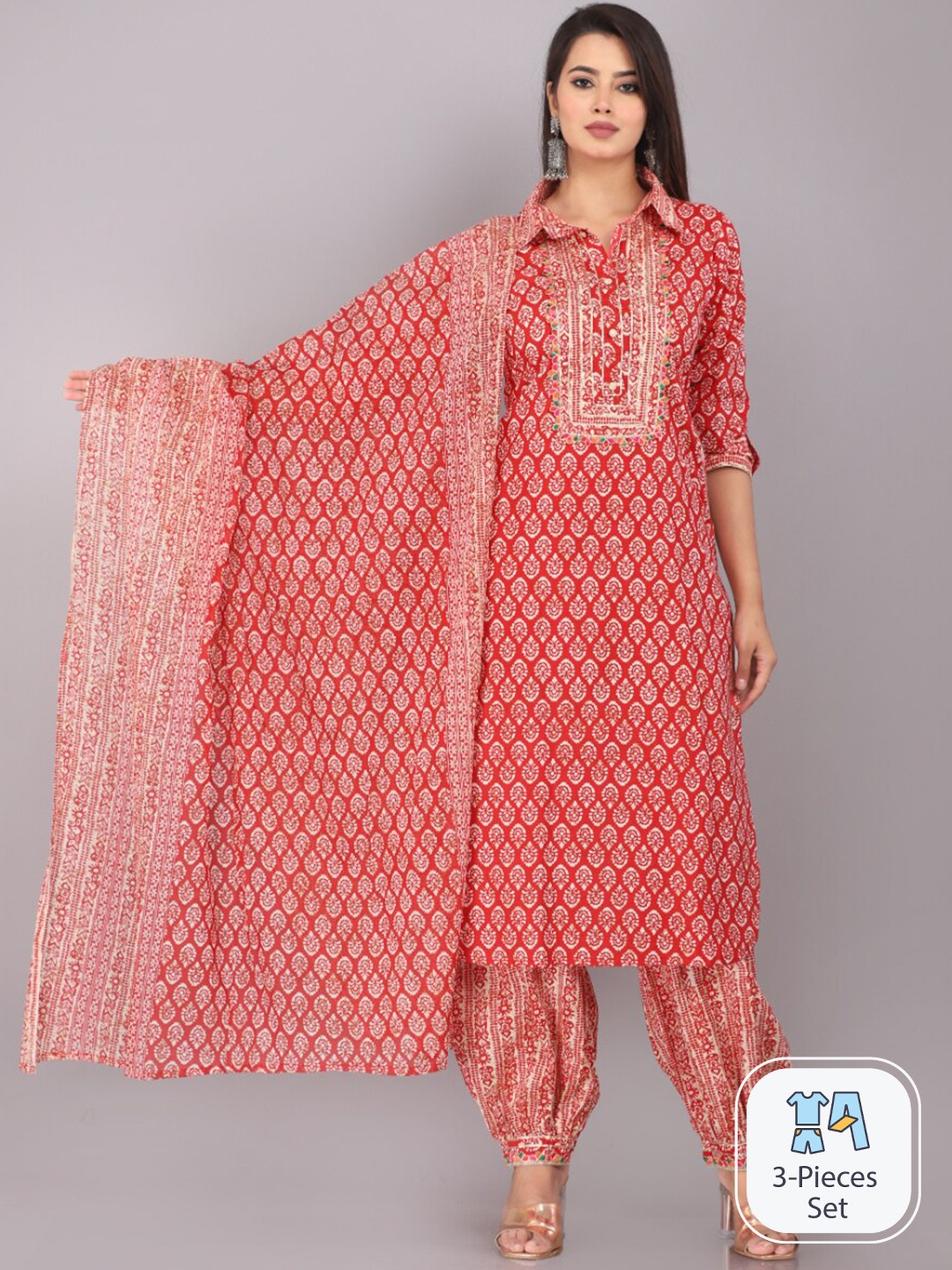 

JC4U Floral Printed Gotta patti Regular Kurta With Salwar & Dupatta, Red