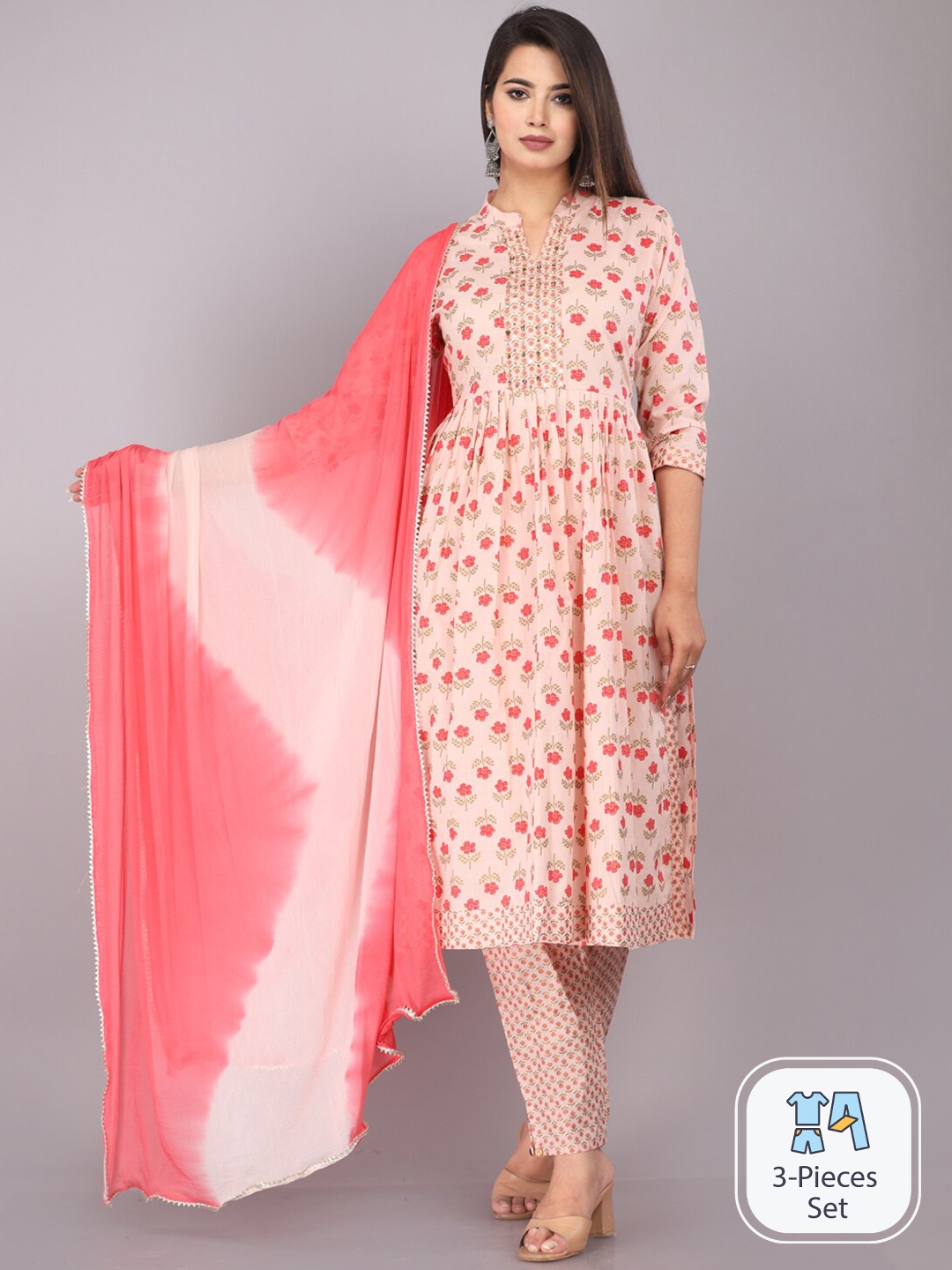 JC4U Floral Printed Pure Cotton Kurta & Trousers With Dupatta, Peach