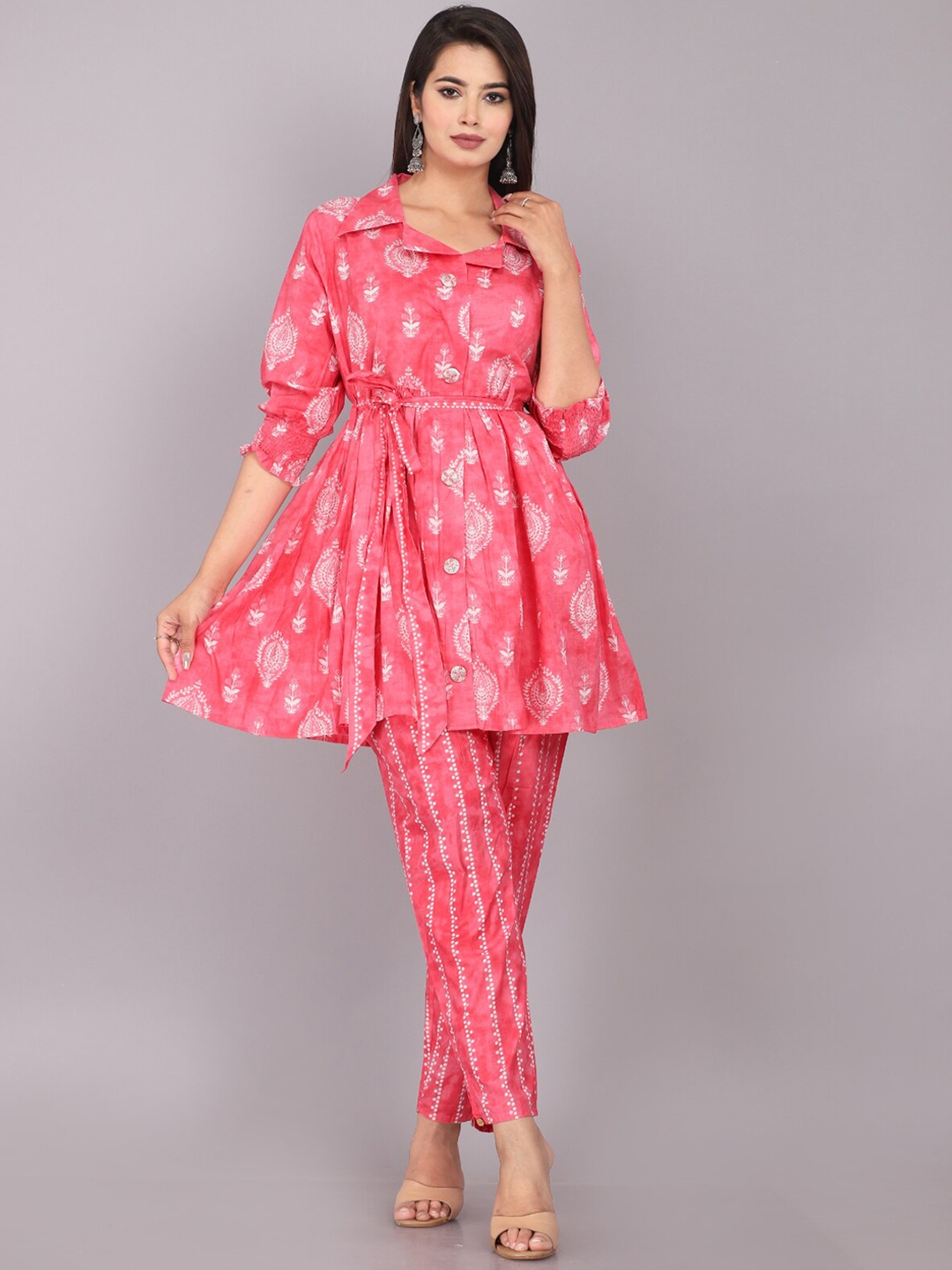 

JC4U Floral Printed Pure Cotton Kurti with Trousers & With Dupatta, Pink