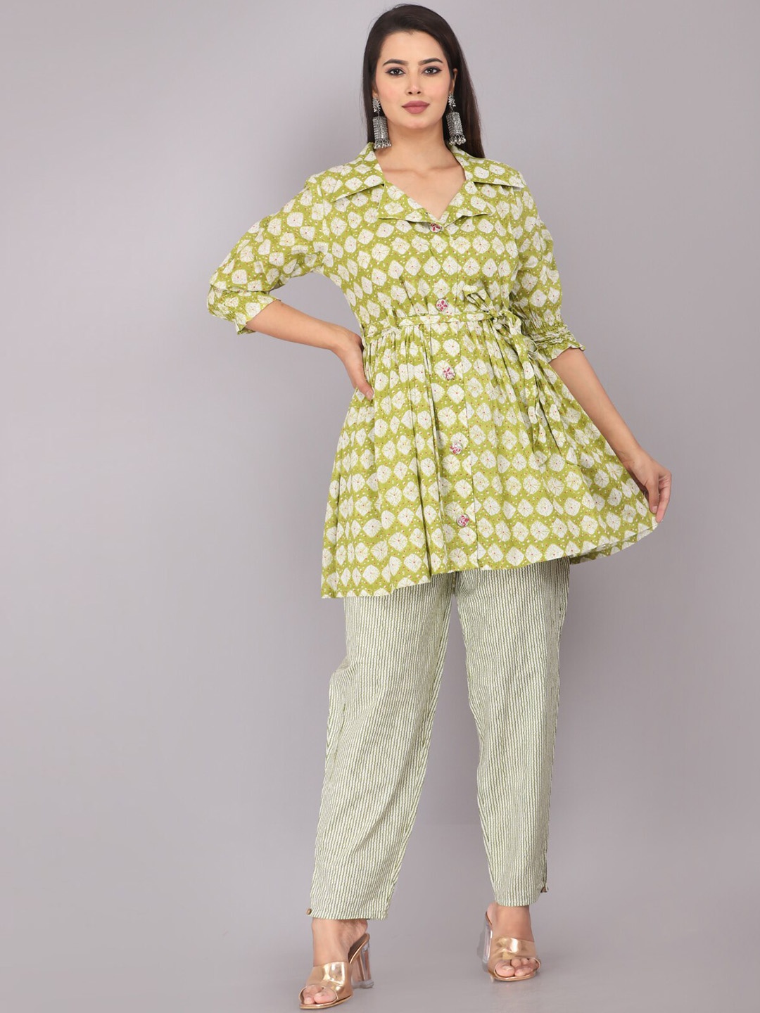 

JC4U Floral Printed Shirt Collar A-Line Kurti with Striped Trousers, Green