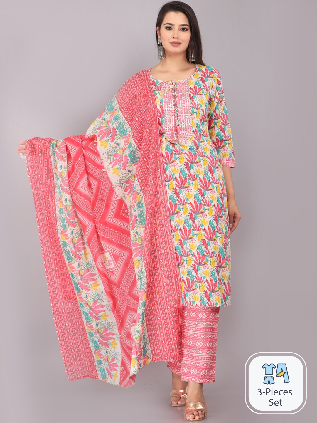 

JC4U Floral Printed Kurta & Trousers With Dupatta, Pink