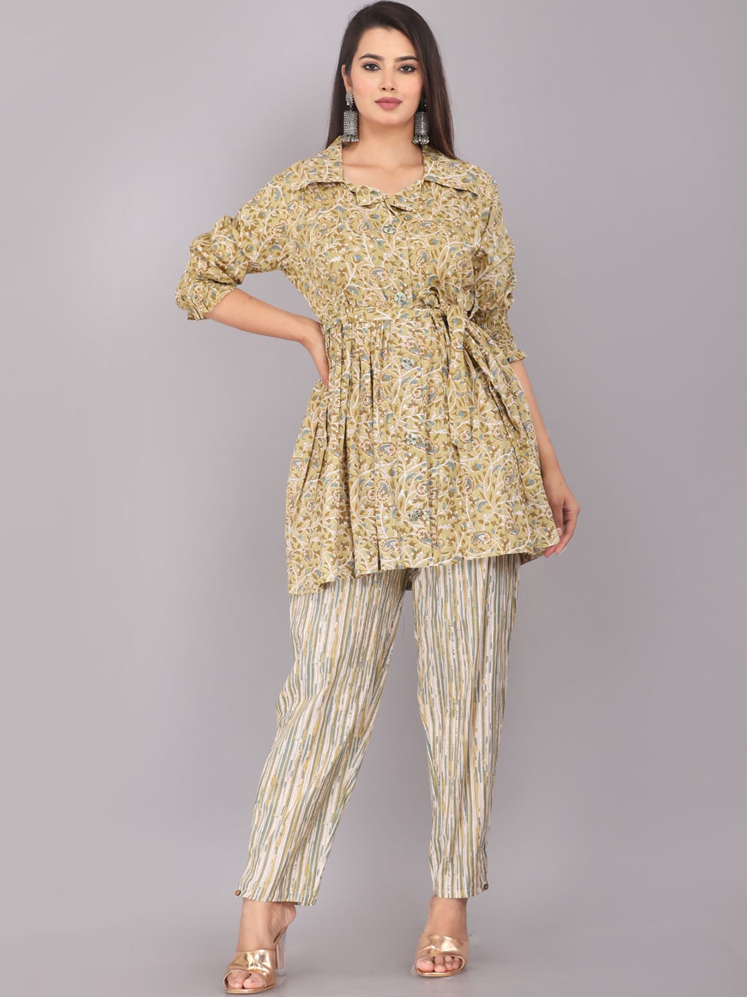 

JC4U Floral Printed Top With Trouser, Beige