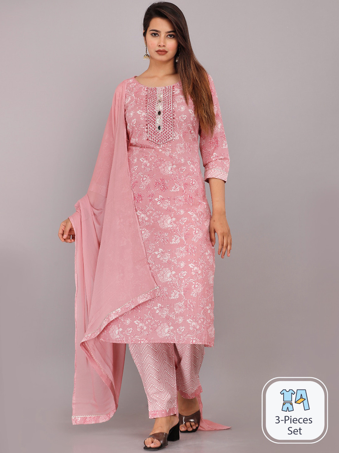 

JC4U Floral Printed Straight Kurta with Trousers & With Dupatta, Pink