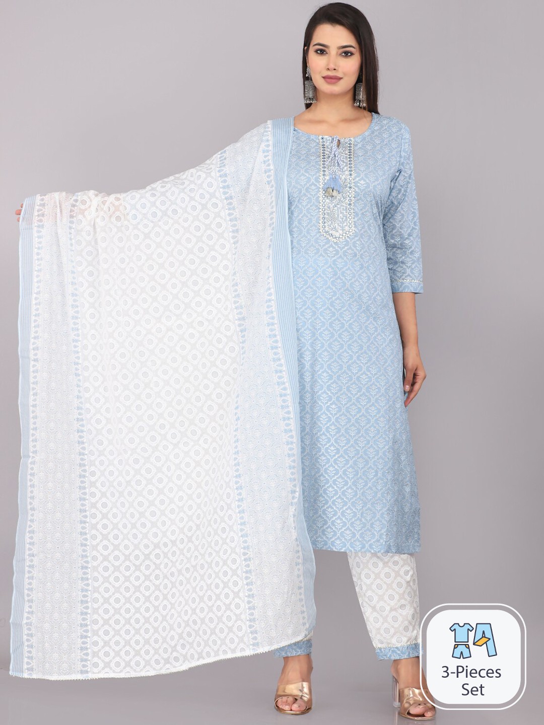 

JC4U Floral Printed Tie-Up Neck Straight Kurta with Trousers & With Dupatta, Blue
