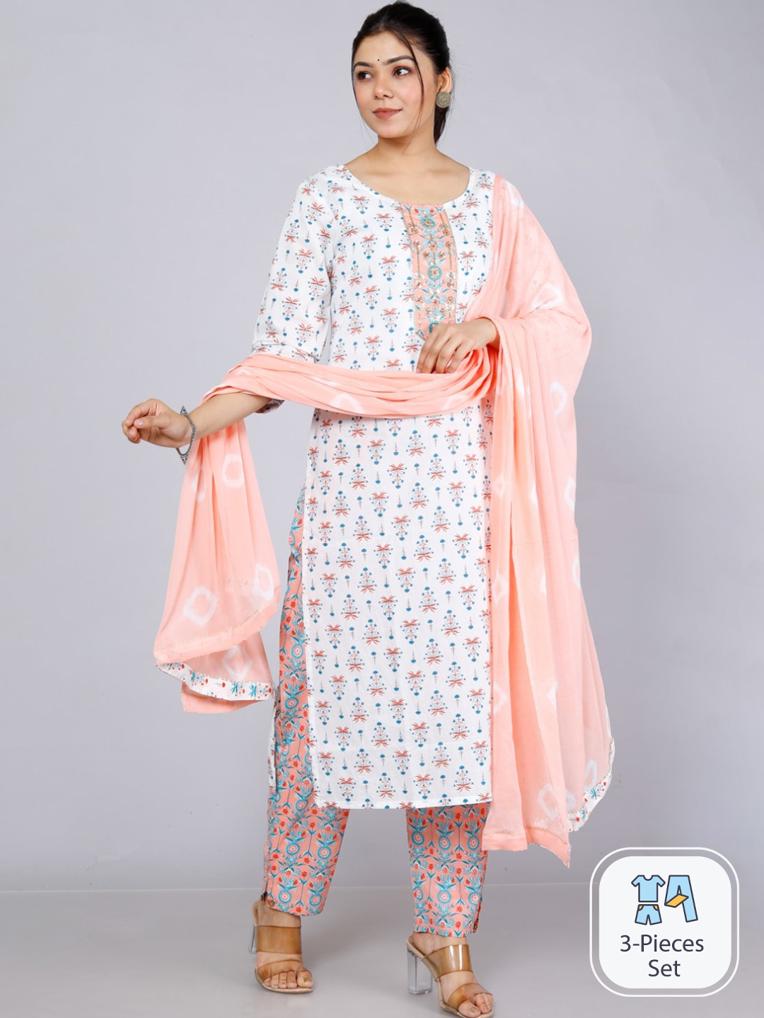 

JC4U Floral Printed Sequinned Kurta & Trousers With Dupatta, Peach