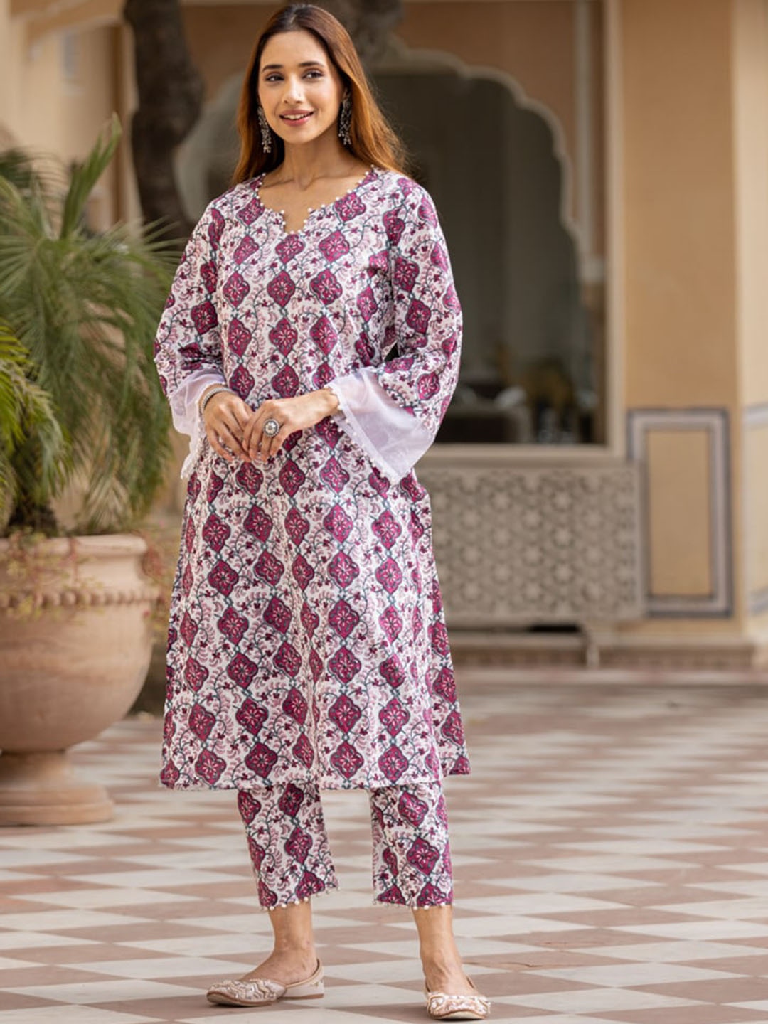 

Ambraee Ethnic Motifs Printed Bead Work Kurta with Trousers, White