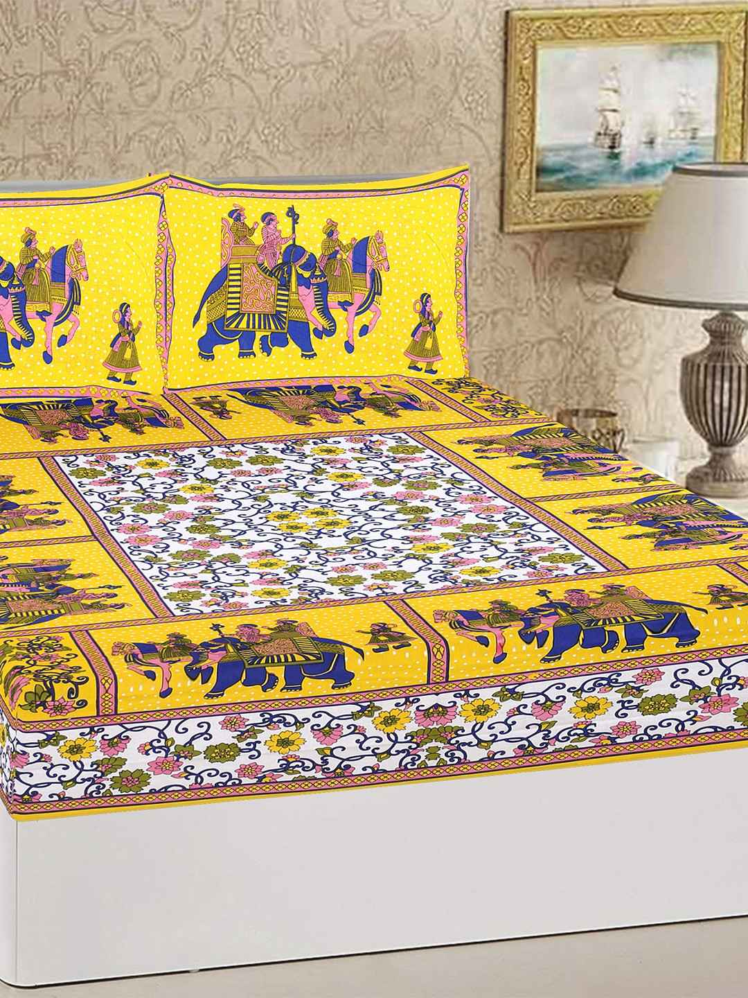 

Rajasthanikart Yellow & White Ethnic Motifs 110 TC Queen Bedsheet with 2 Pillow Covers