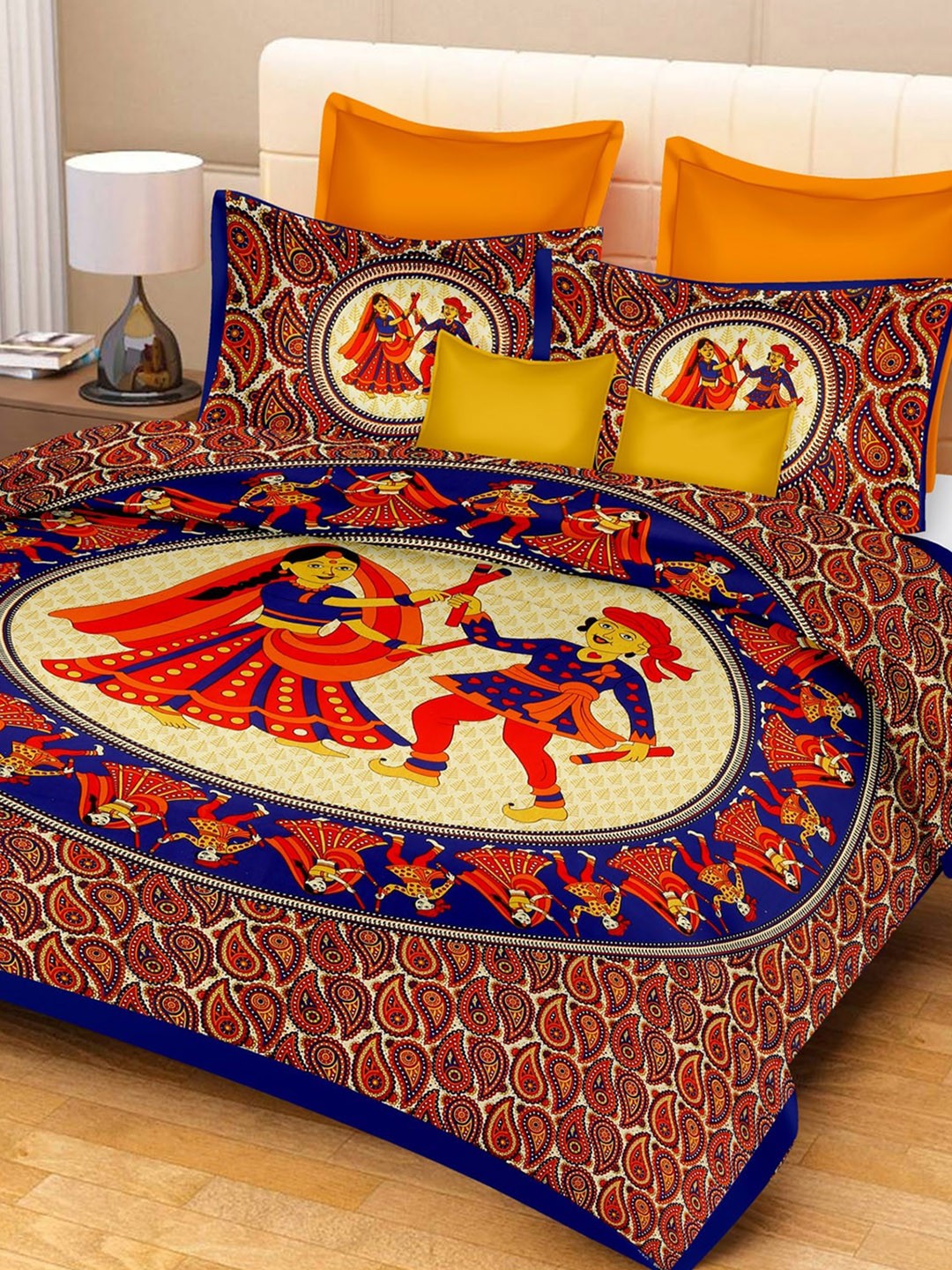 

Rajasthanikart Blue & Red Ethnic Motifs Cotton 110 TC Queen Bedsheet With 2 Pillow Covers