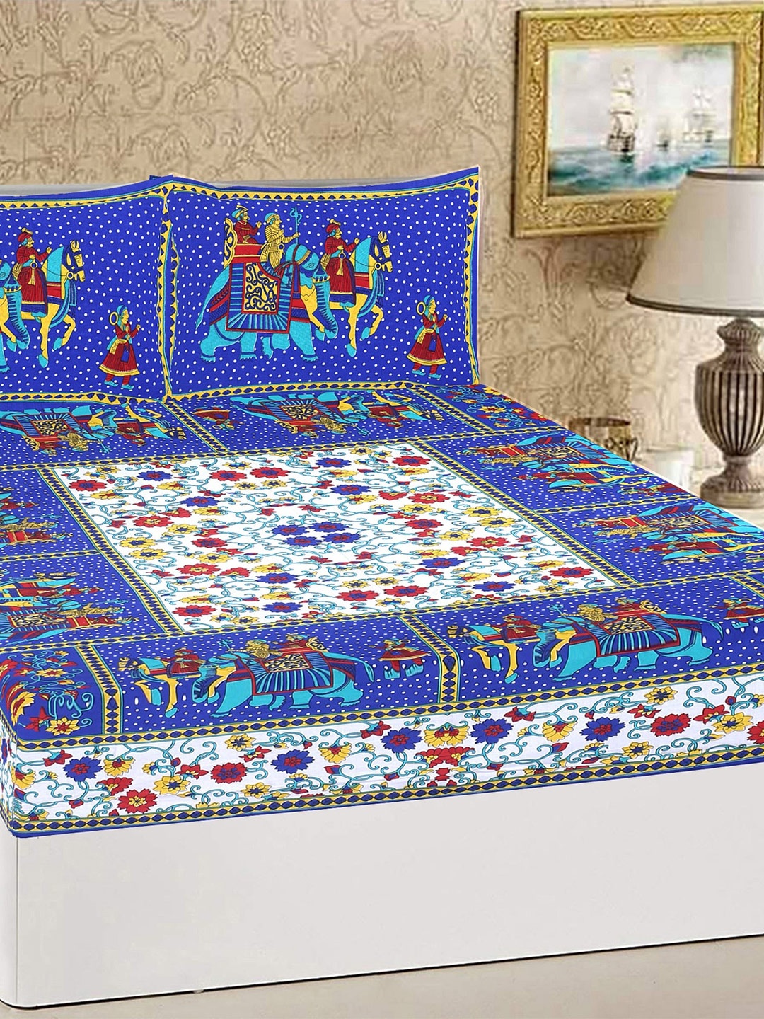 

Rajasthanikart Blue & White Ethnic Motifs 110 TC Queen Bedsheet with 2 Pillow Covers