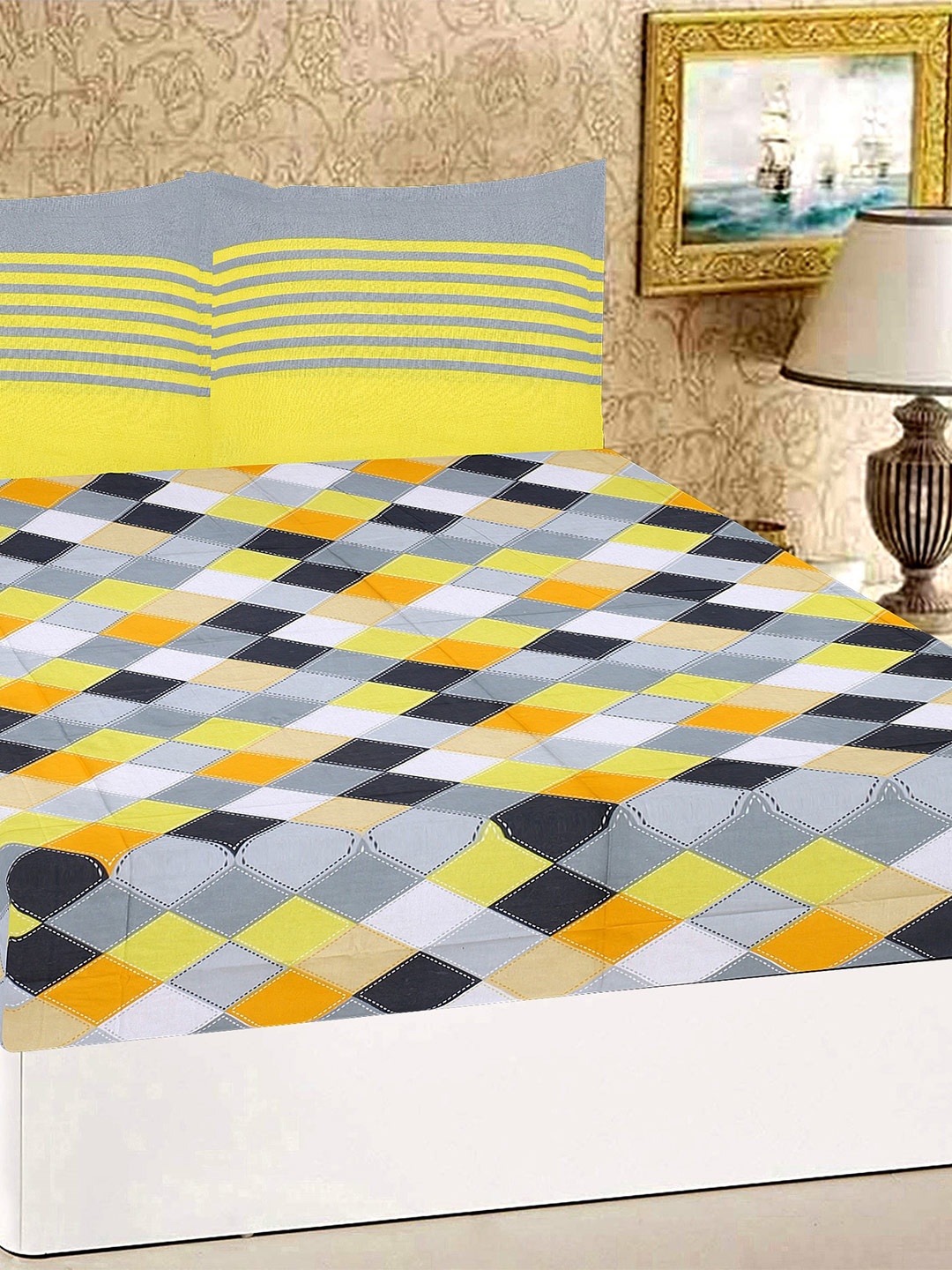 

Rajasthanikart Grey & Yellow Geometric 110 TC Queen Bedsheet with 2 Pillow Covers