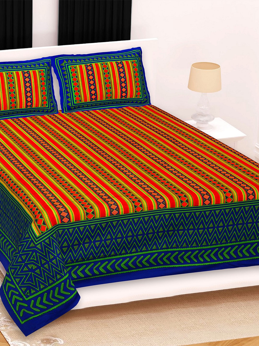 

Rajasthanikart Green & Red Geometric 110 TC Queen Bedsheet with 2 Pillow Covers