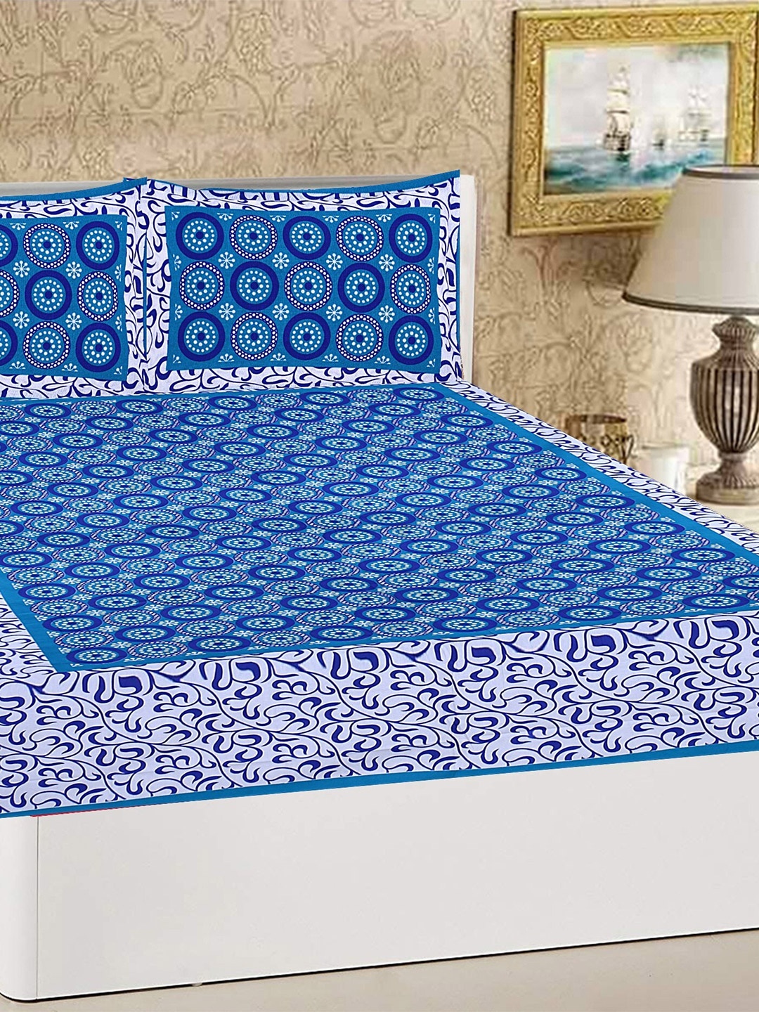 

Rajasthanikart Blue & White Ethnic Motifs 110 TC Queen Bedsheet with 2 Pillow Covers