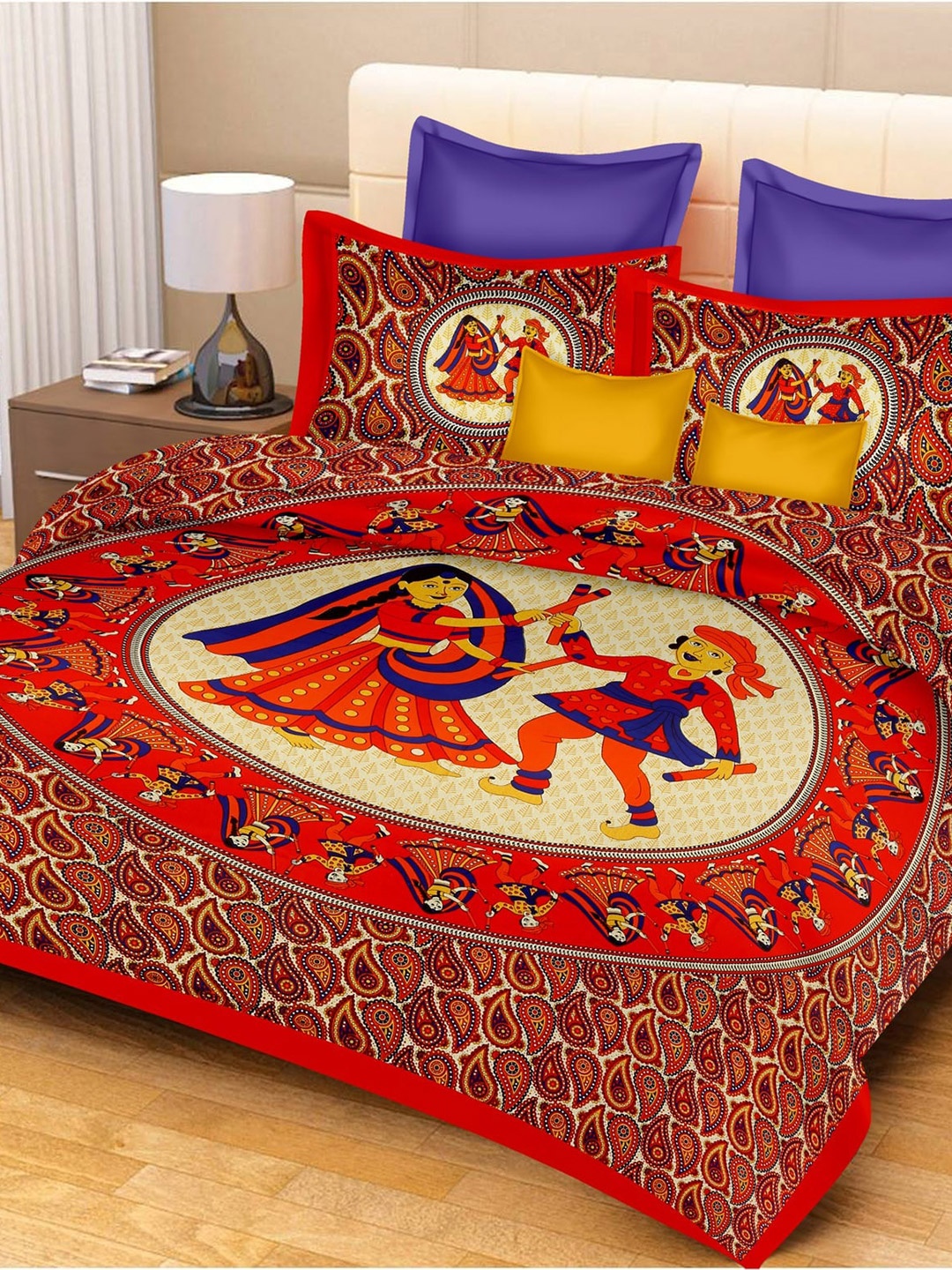 

Rajasthanikart Blue & Red Ethnic Motifs Cotton 110 TC Queen Bedsheet With 2 Pillow Covers