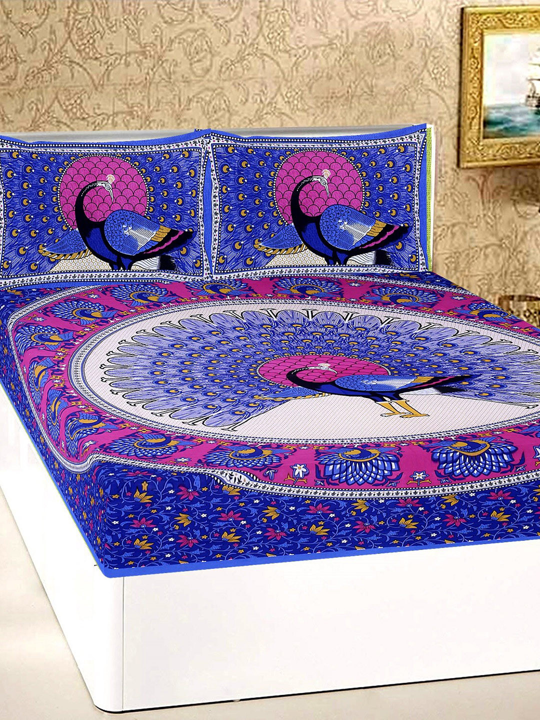 

Rajasthanikart Blue Ethnic Motifs 110 TC Cotton Queen Bedsheet With 2 Pillow Covers