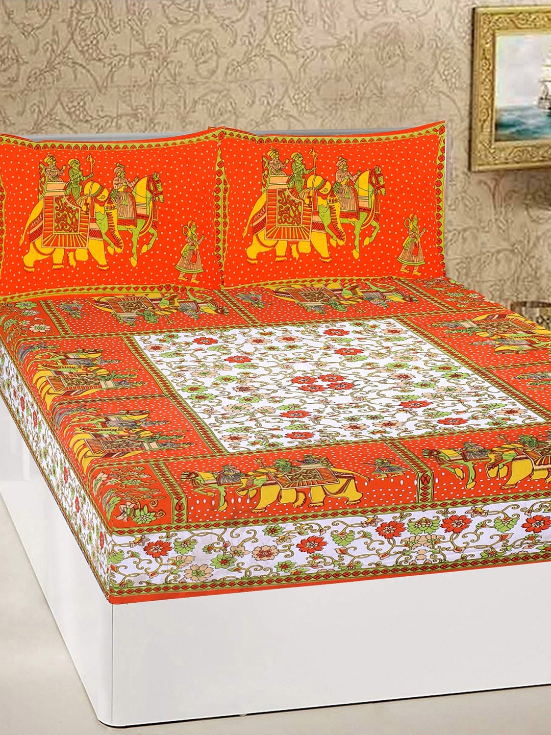 

Rajasthanikart Dream Lover Orange Ethnic Cotton 110 TC Queen Bedsheet & Pillow Covers