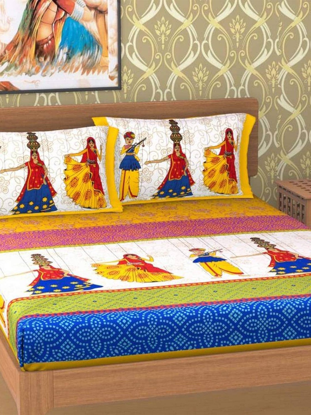 

Rajasthanikart Yellow & White Ethnic Motifs 110 TC Queen Bedsheet with 2 Pillow Covers
