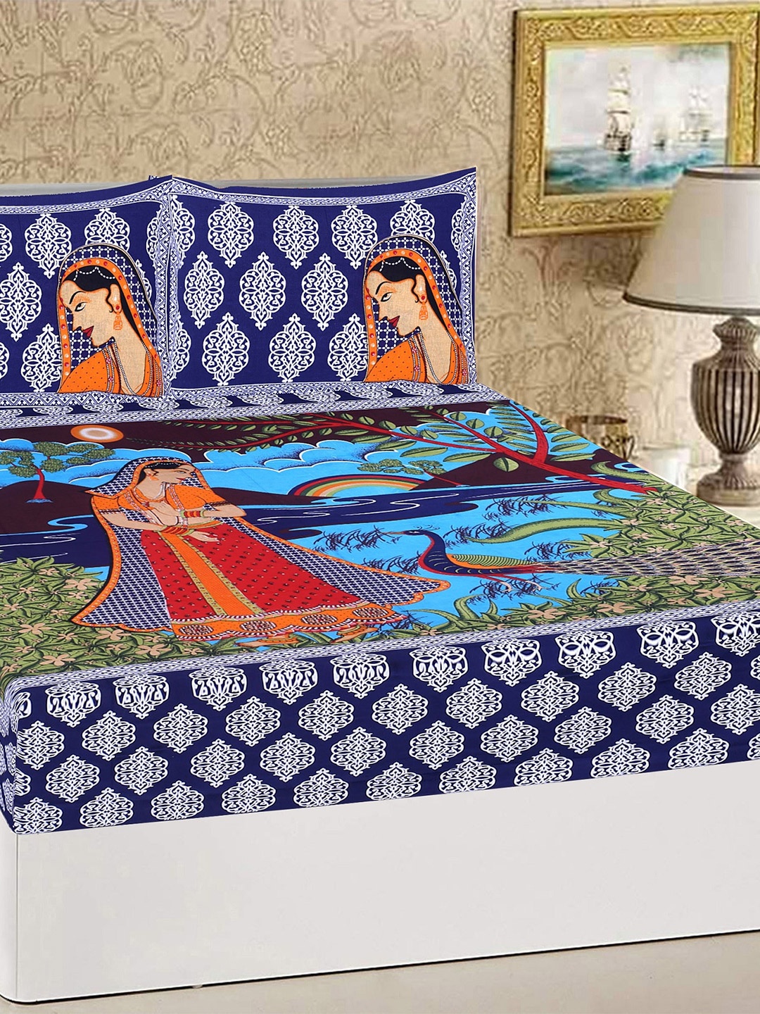 

Rajasthanikart Blue & Red Ethnic Motifs 110 TC Queen Bedsheet with 2 Pillow Covers