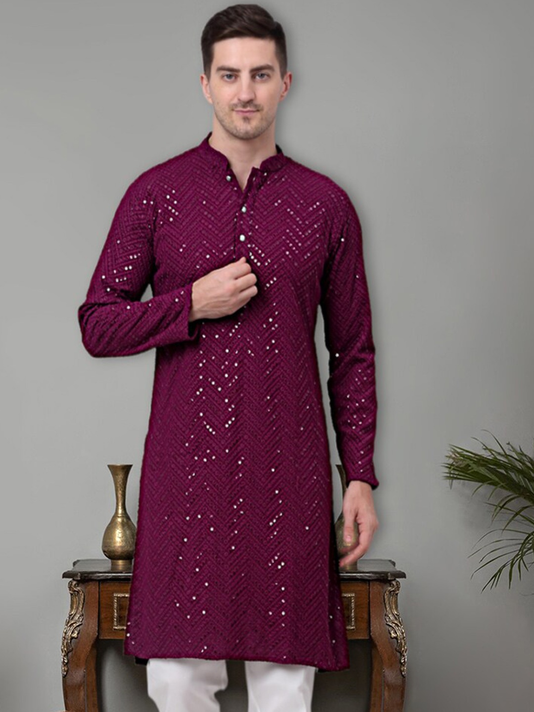 

Jompers Leheriya Embroidered Regular Sequinned Pure Cotton Kurta With Pyjamas, Purple