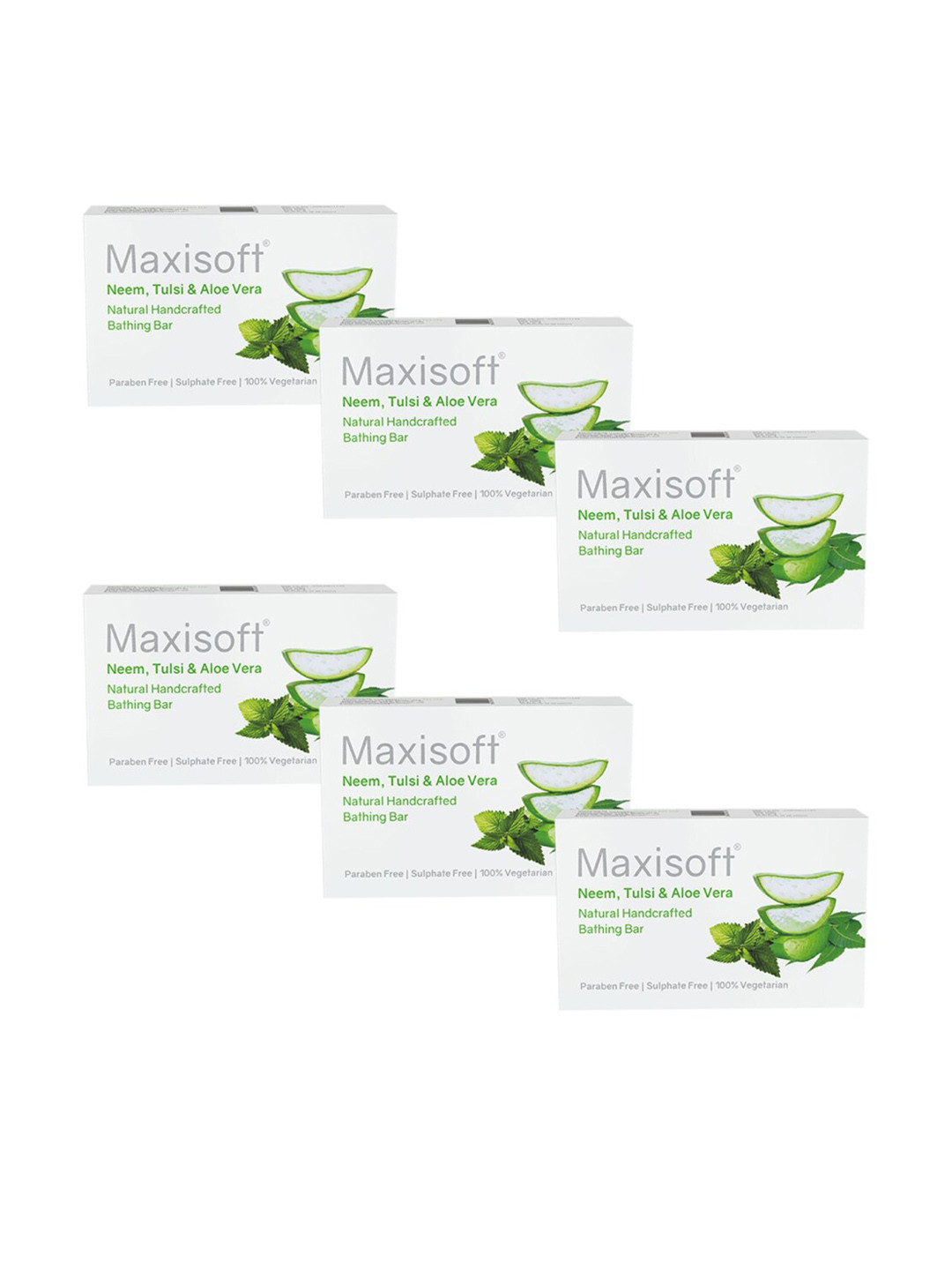 

Maxisoft Set of 6 Neem, Tulsi & Aloe Vera Natural Handcrafted Bathing Bar - 75 g Each, White
