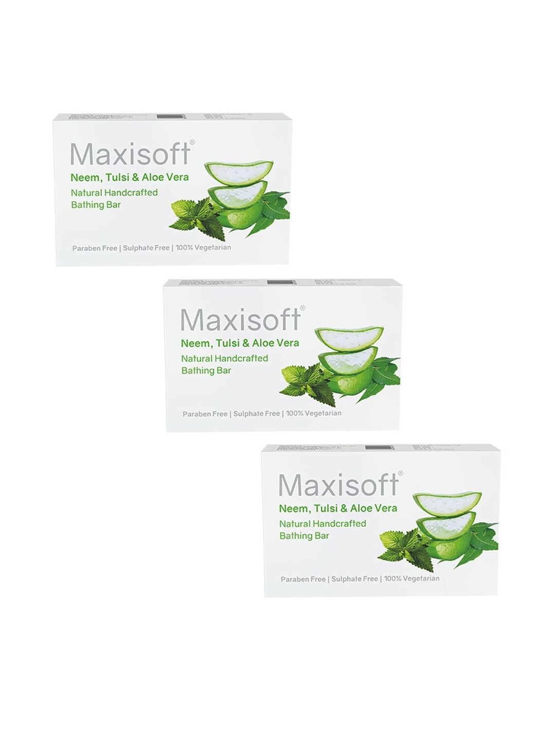 Maxisoft Set Of 3 Neem Tulsi & Aloe Vera Natural Handcrafted Bathing Bar - 75g Each, Green
