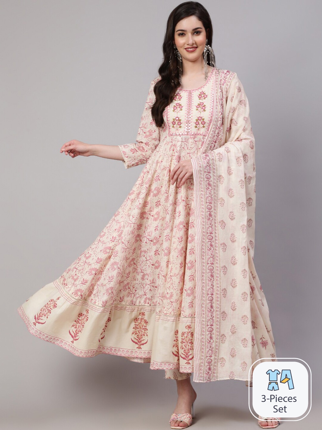 

Mizaz Floral Printed Pure Cotton Anarkali Kurta With Trousers & Dupatta, Off white