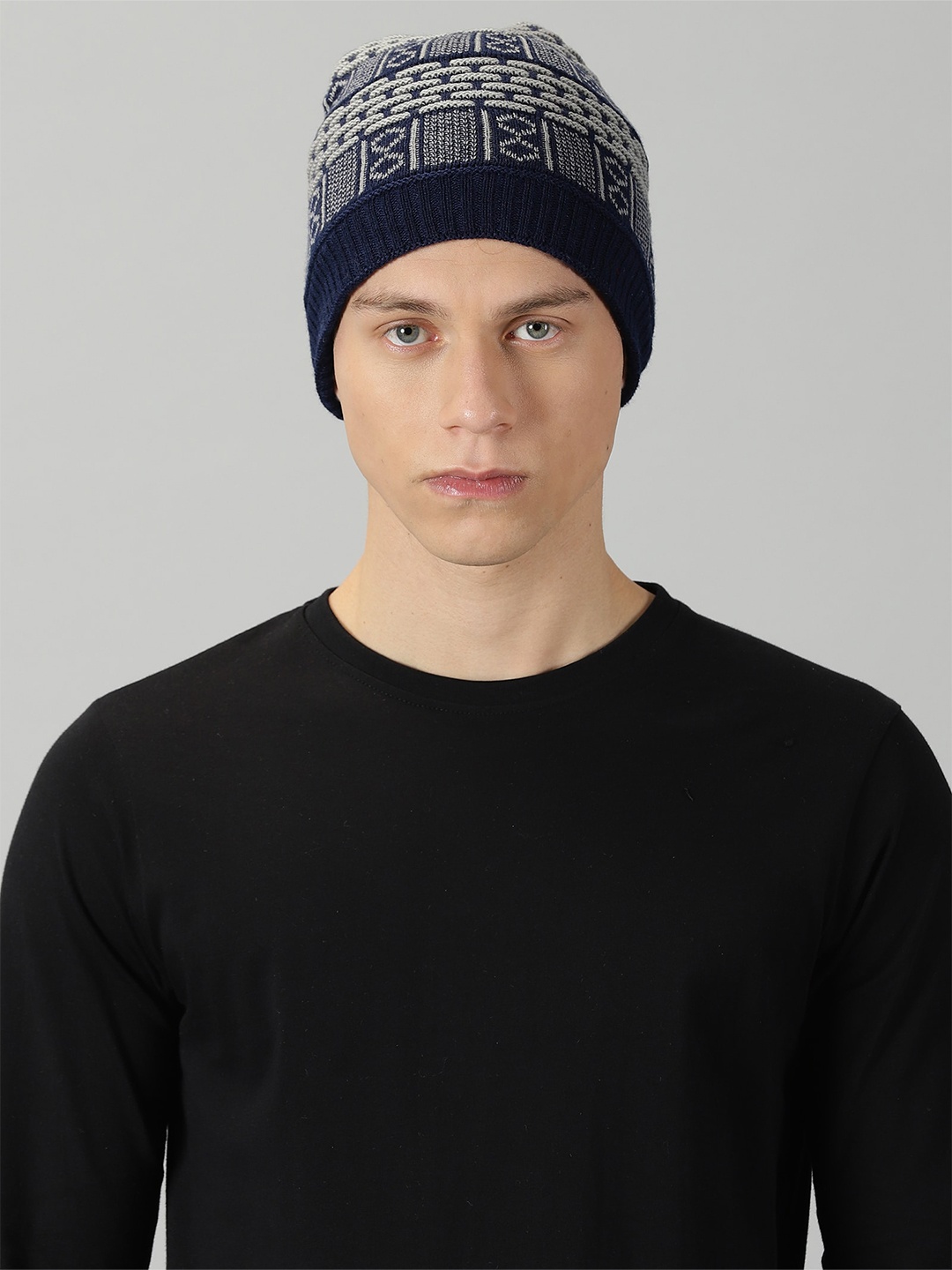 

Rodzen Men Self Design Woollen Beanie, Navy blue