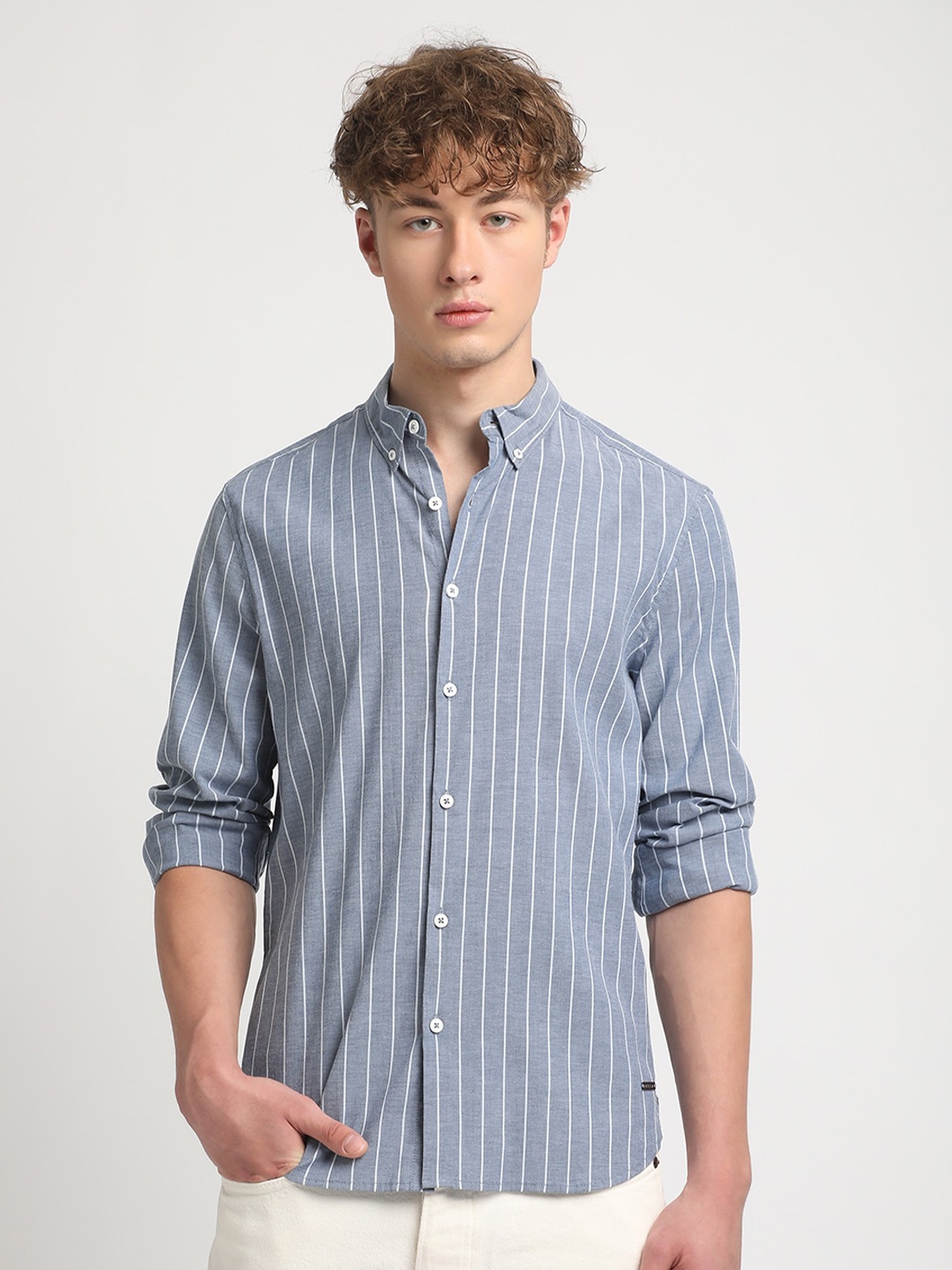 

THE BEAR HOUSE Slim Fit Striped Pure Cotton Casual Shirt, Blue