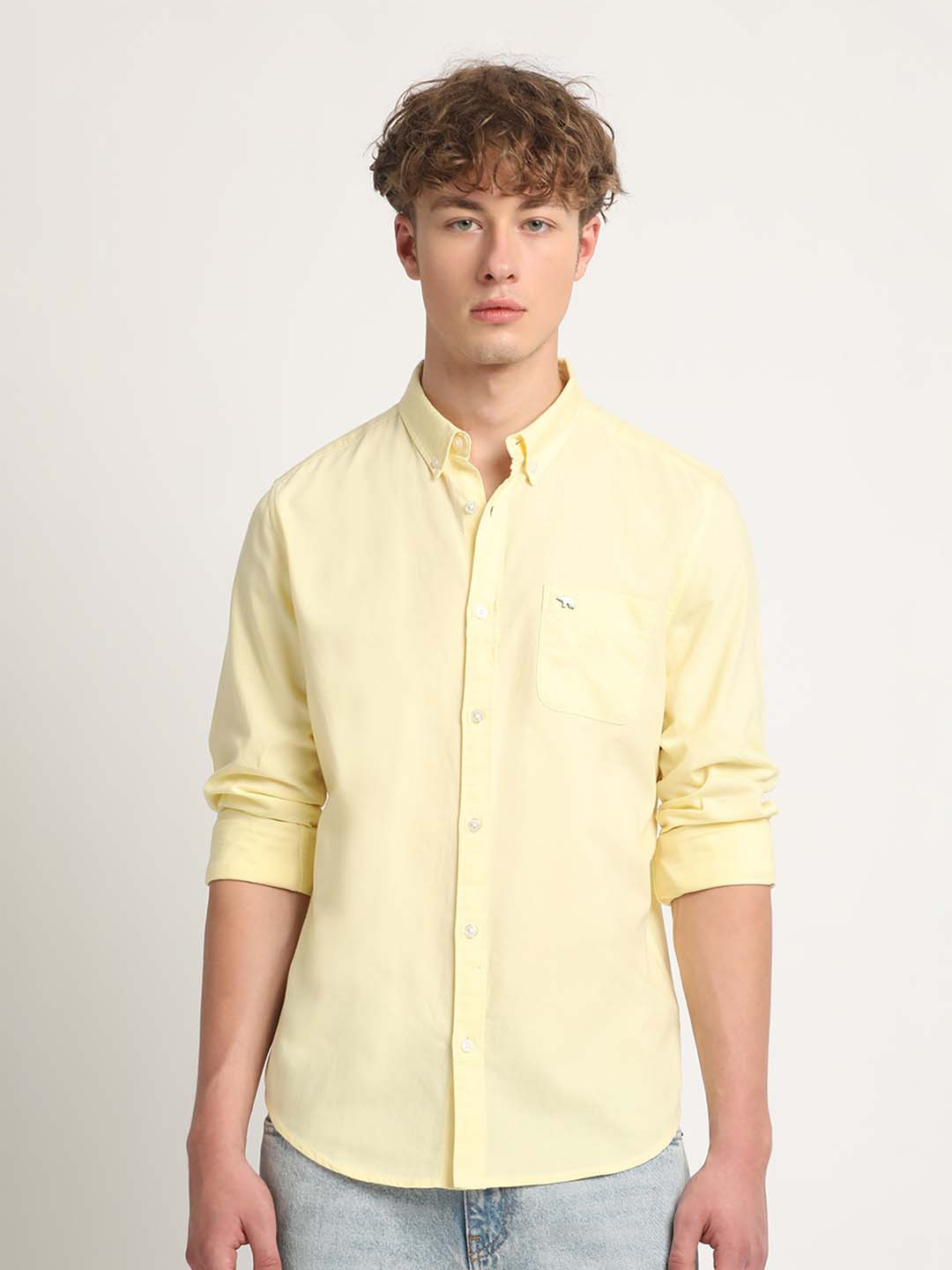 

THE BEAR HOUSE Slim Fit Button-Down Collar Cotton Casual Shirt, Yellow