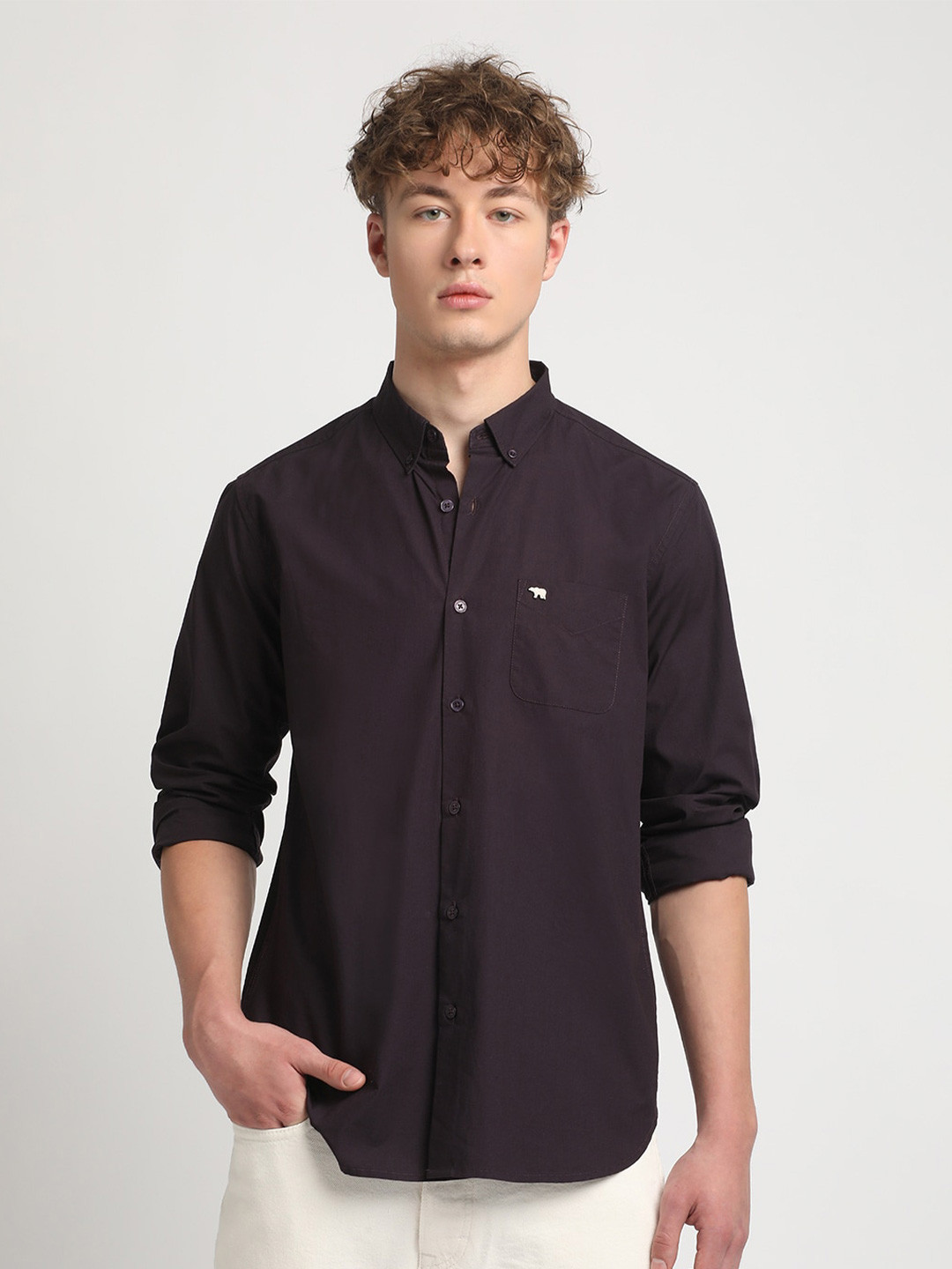 

THE BEAR HOUSE Slim Fit Button-Down Collar Pure Cotton Casual Shirt, Purple