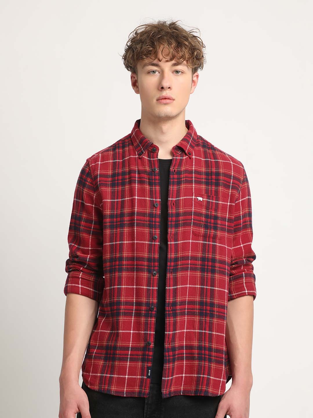 

THE BEAR HOUSE Tartan Checked Cotton Slim Fit Opaque Casual Shirt, Red