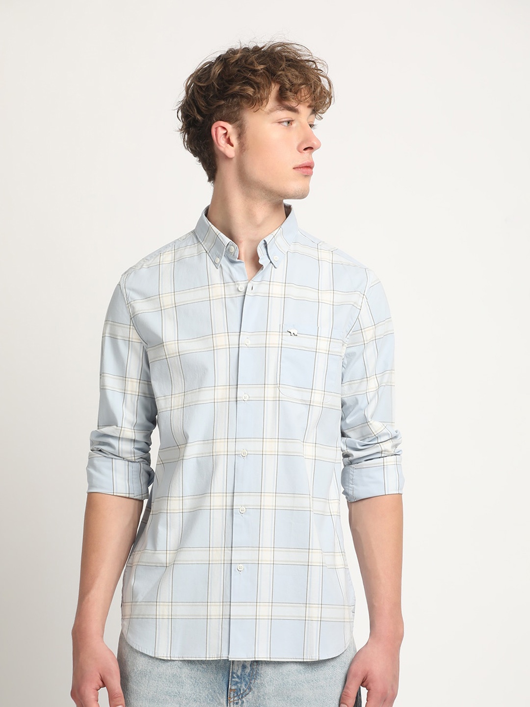 

THE BEAR HOUSE Slim Fit Windowpane Checked Cotton Casual Shirt, Blue