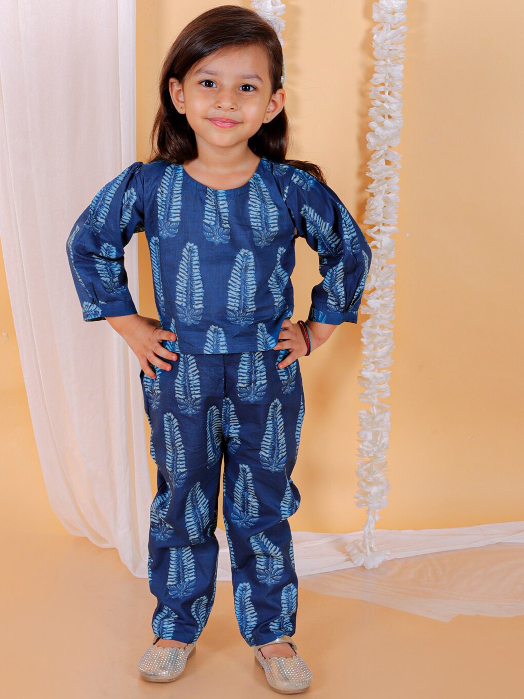 

The Mom Store Block Printed Round-Neck Top With Printed Trouser Pure Cotton Clothing Set, Navy blue