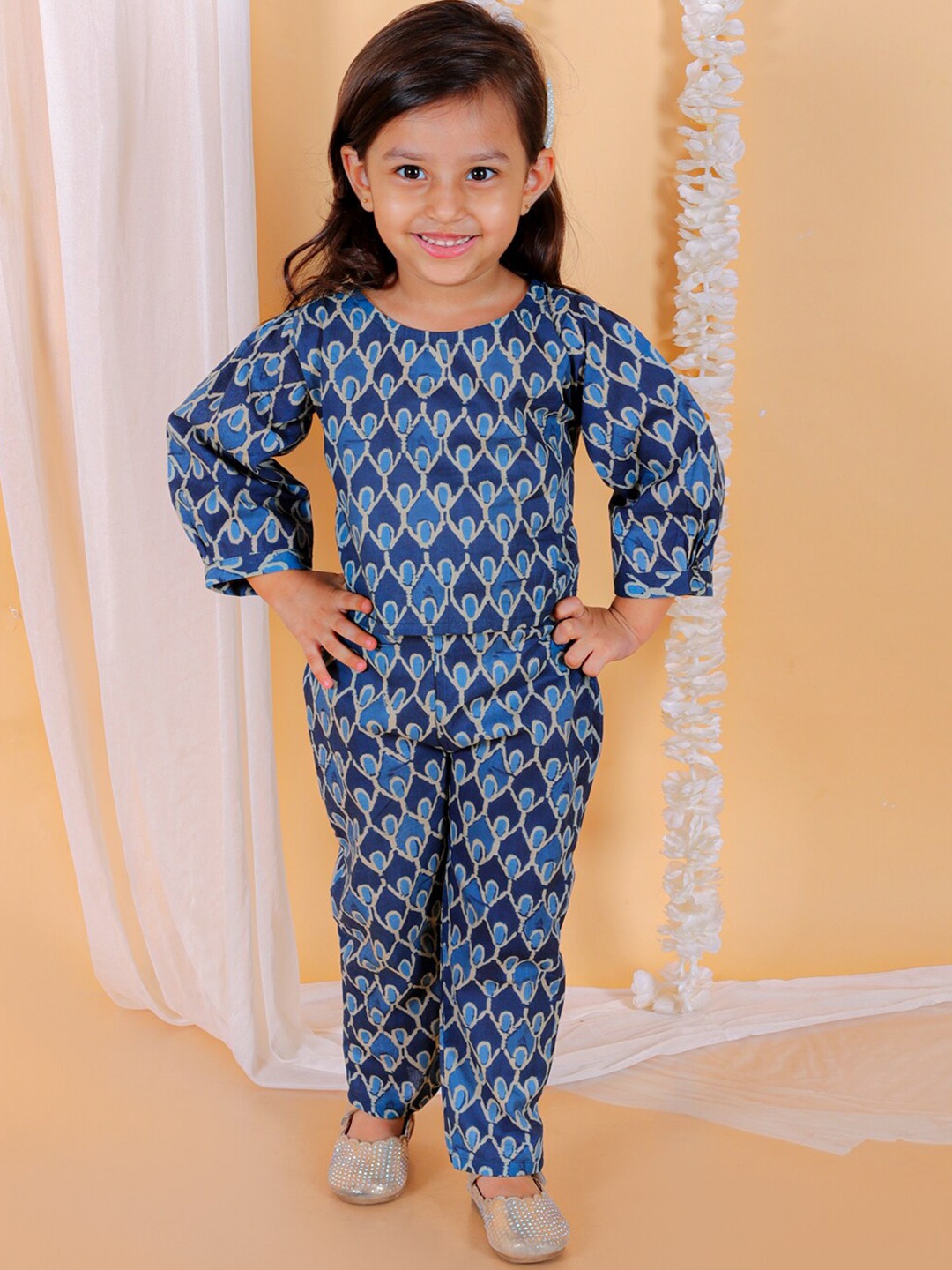 The Mom Store Printed Round Neck Puff Sleeve Pure Cotton Clothing Set, Blue