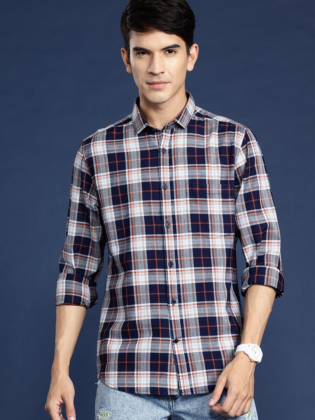 

Mast & Harbour Men Standard Checked Pure Cotton Casual Shirt, Navy blue