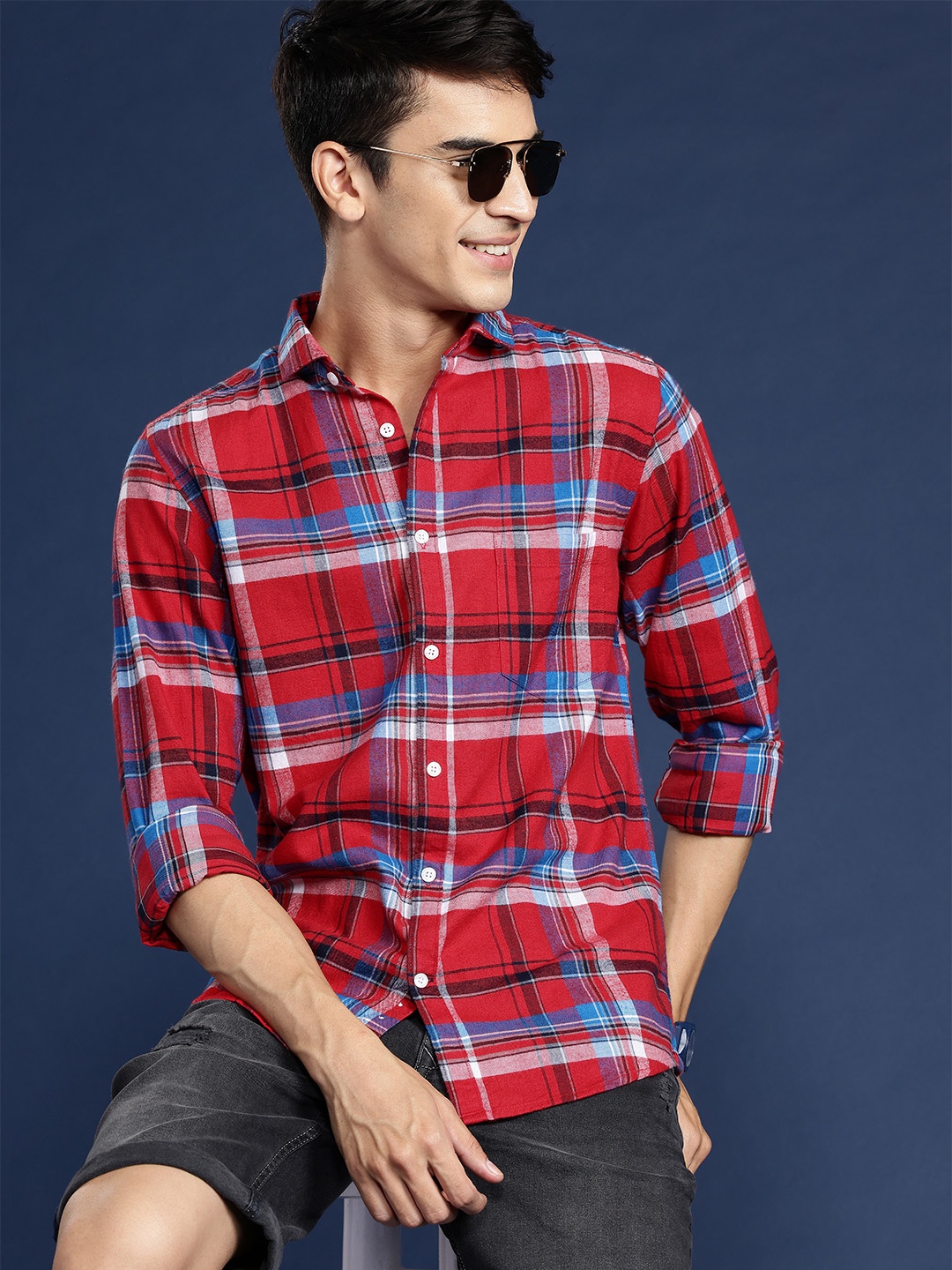 

Mast & Harbour Men Standard Checked Pure Cotton Casual Shirt, Red