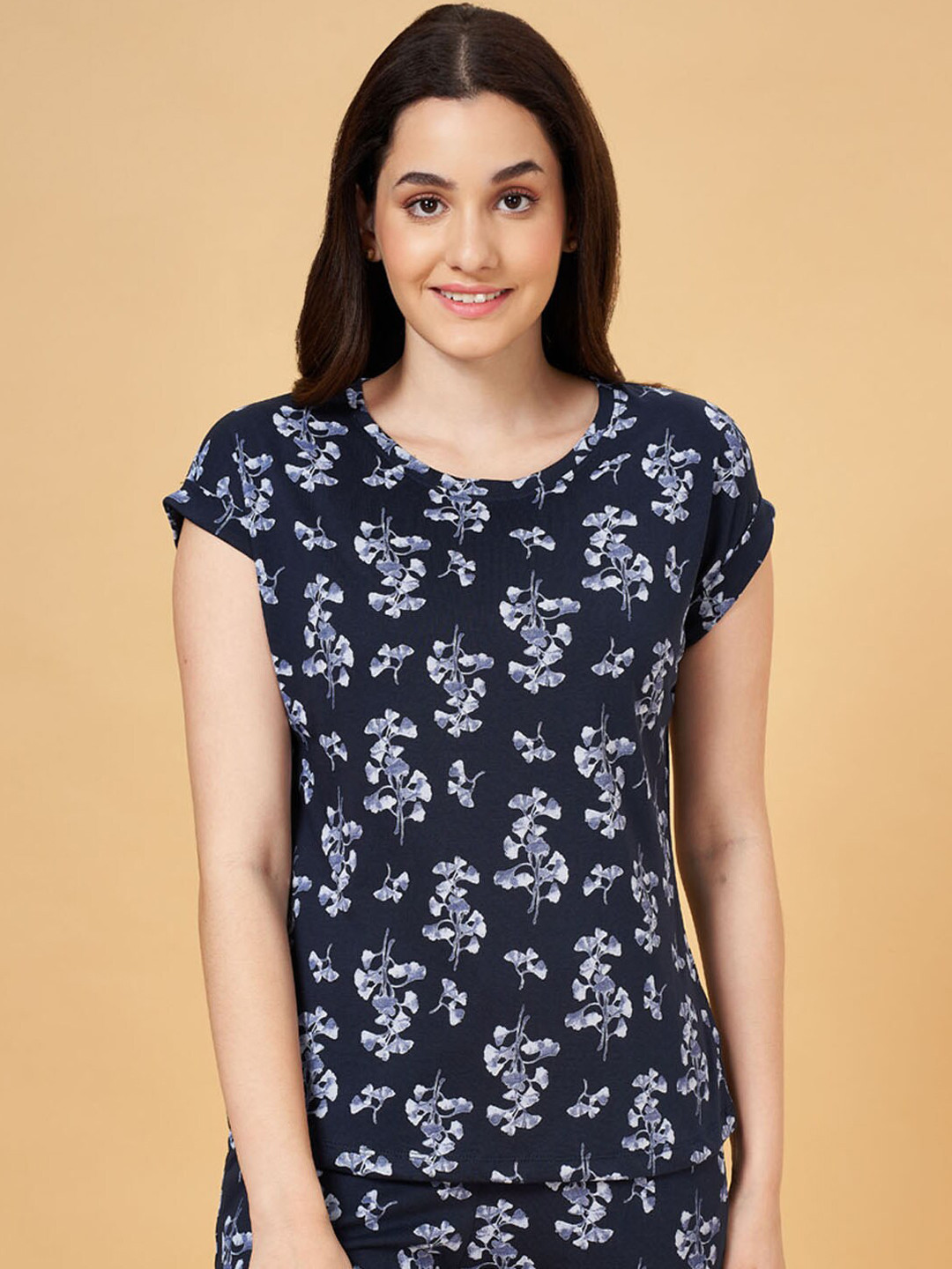 

Dreamz by Pantaloons Floral Printed Cotton Lounge T-Shirts, Navy blue