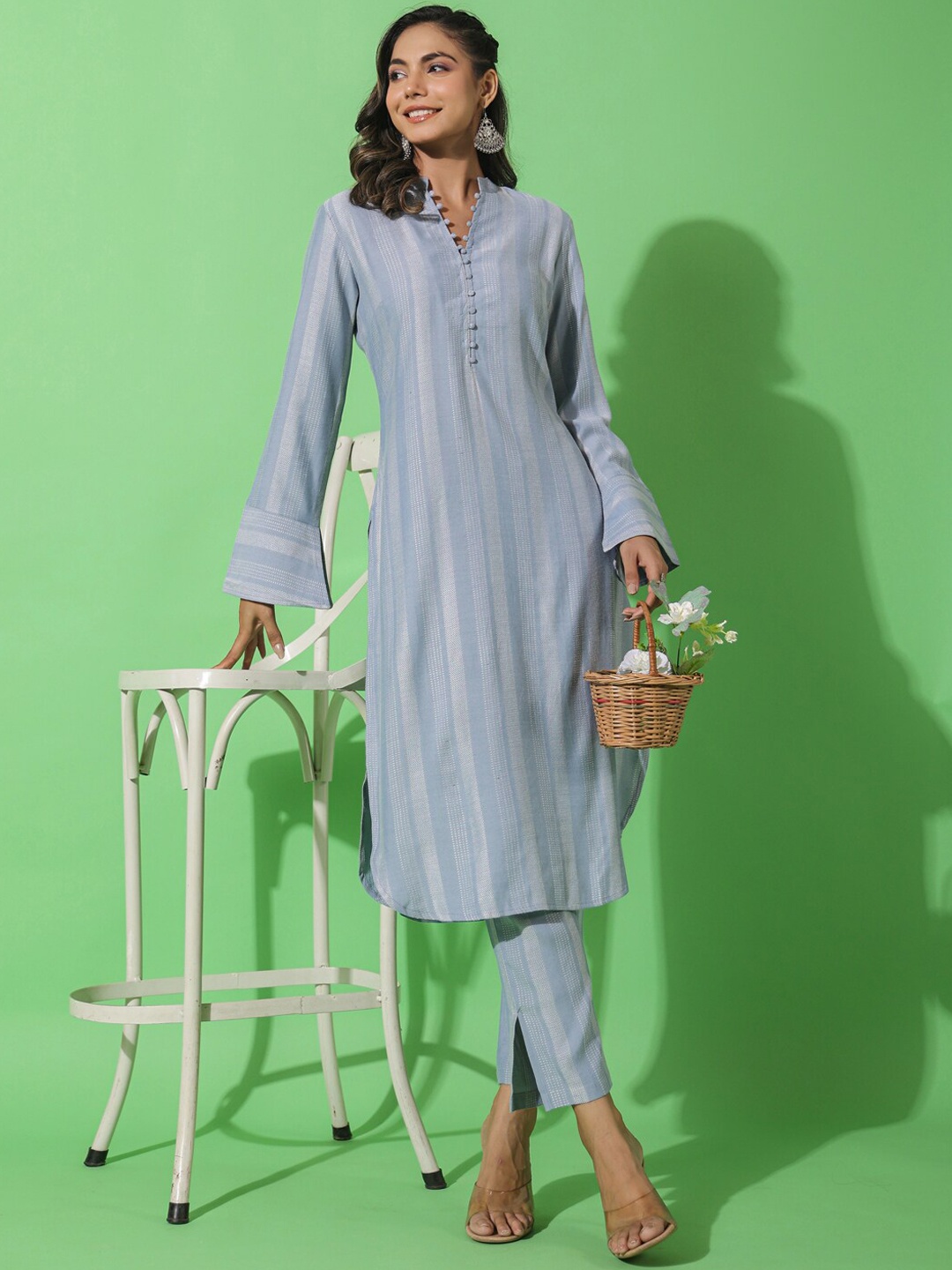 

HERE&NOW Striped Mandarin Collar Bell Sleeves Kurta with Trousers, Blue