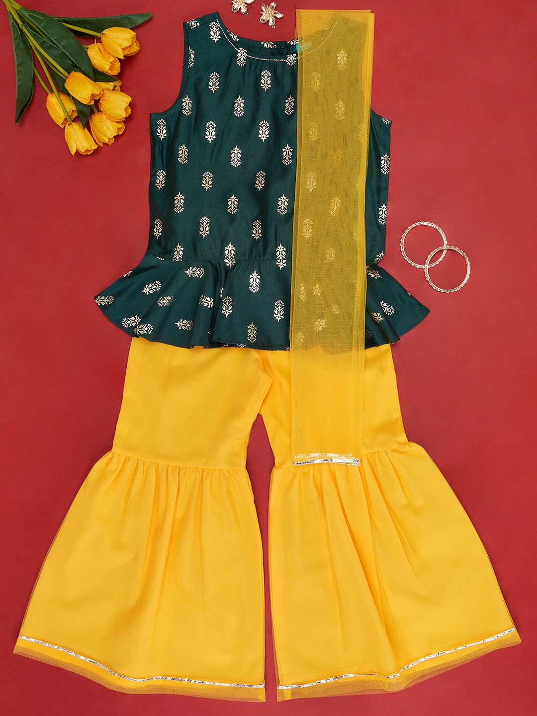 

YU by Pantaloons Girls Motifs Printed Regular Top With Sharara & Dupatta, Green