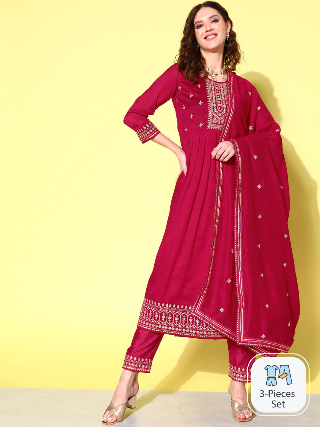 

Sangria Floral Yoke Design Anarkali Kurta & Trouser With Dupatta, Pink