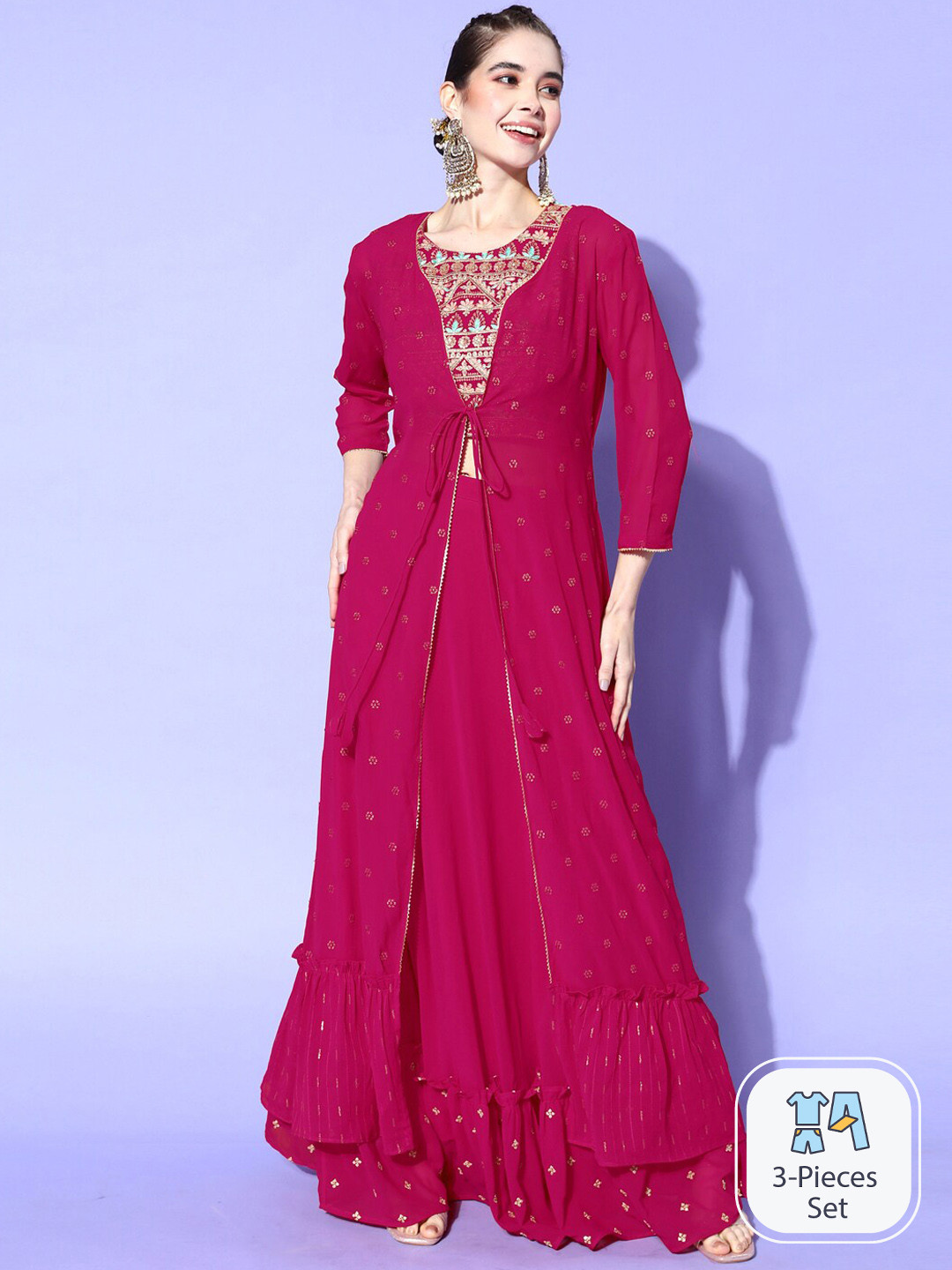 

Sangria Georgette Zari Sequence Embroidered Top & Skirt with Shrug Co-Ords, Pink