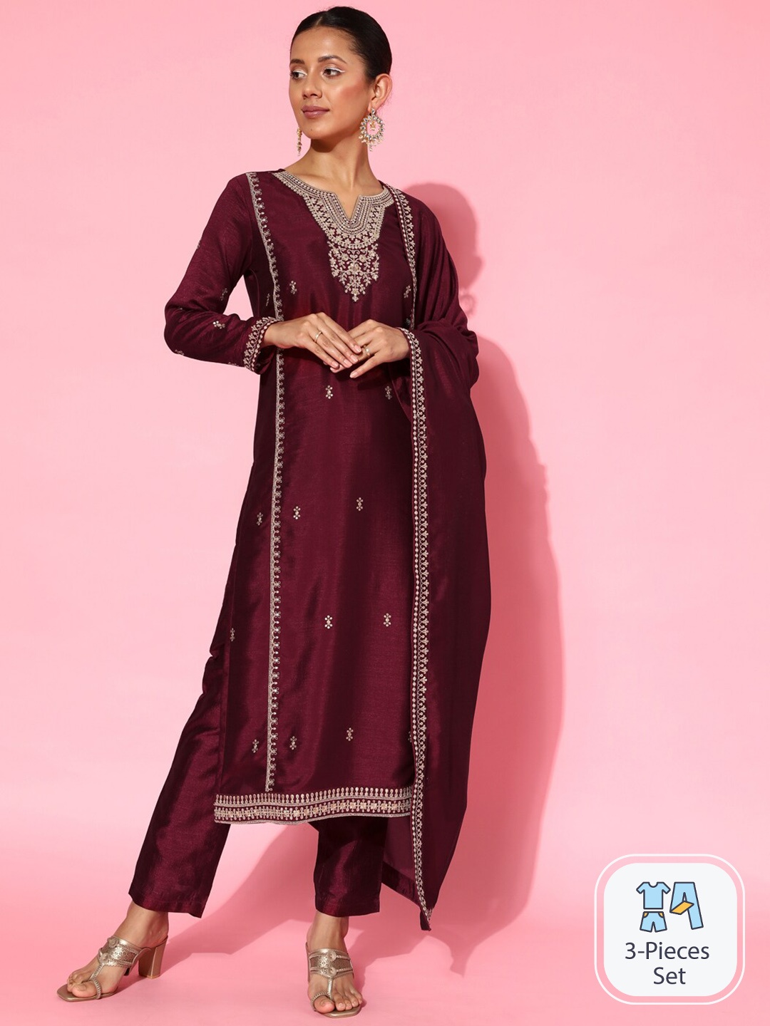 

Sangria Floral Embroidered Sequined Straight Kurta & Trouser With Dupatta, Maroon