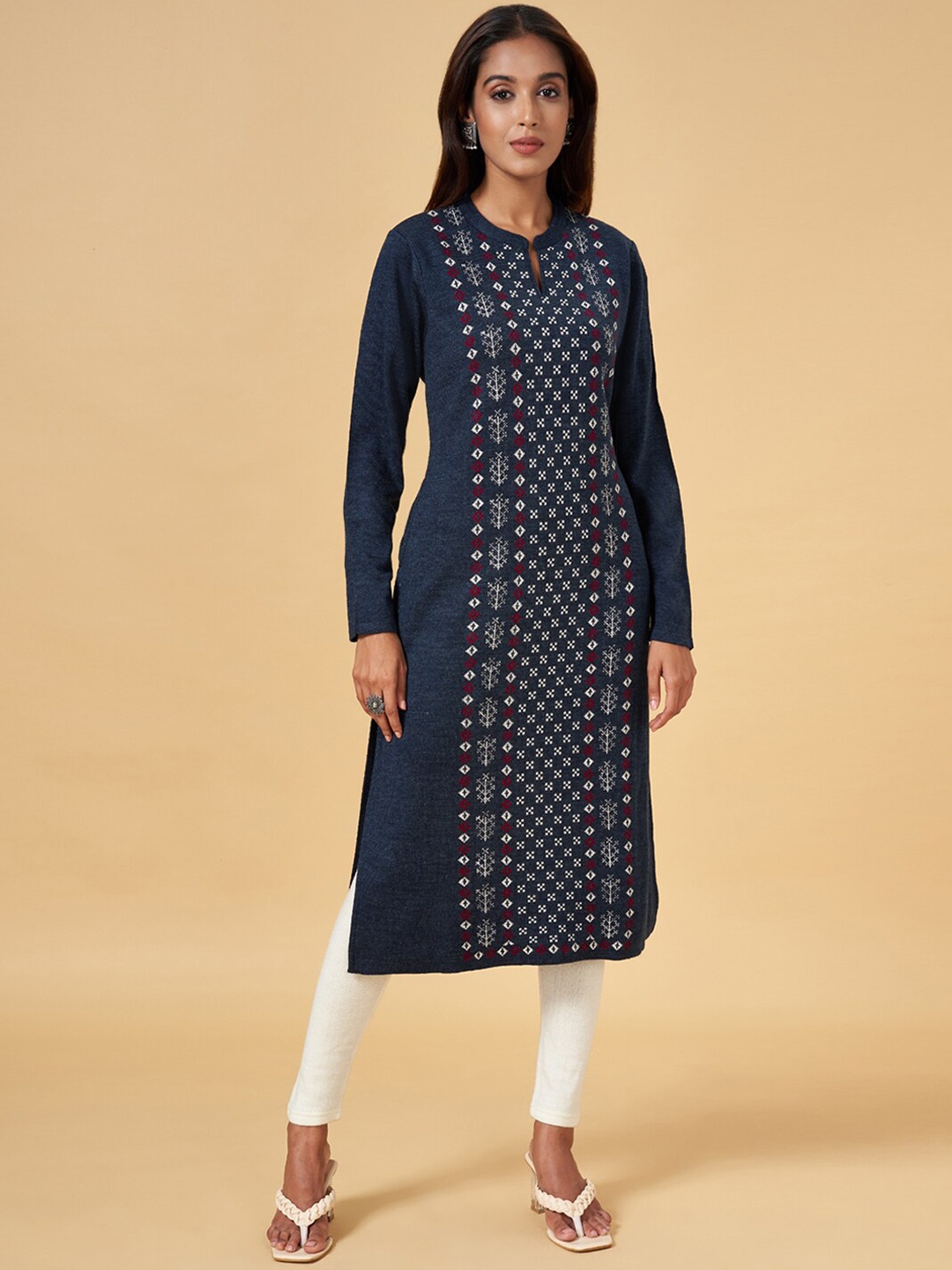 RANGMANCH BY PANTALOONS Geometric Woven Design Keyhole Neck Acrylic Straight Kurta, Blue