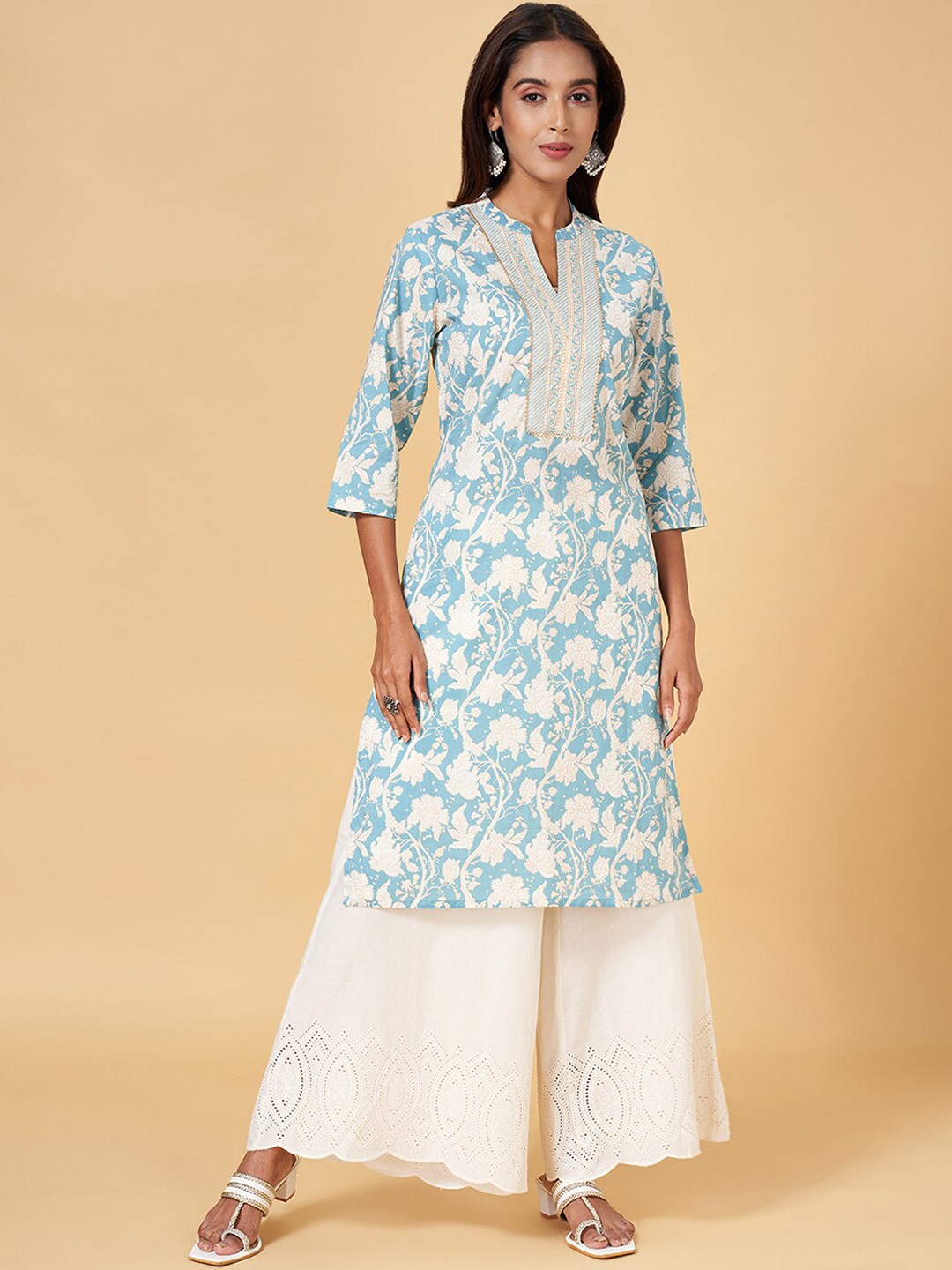 

RANGMANCH BY PANTALOONS Floral Printed Thread Work Straight Kurta, Blue