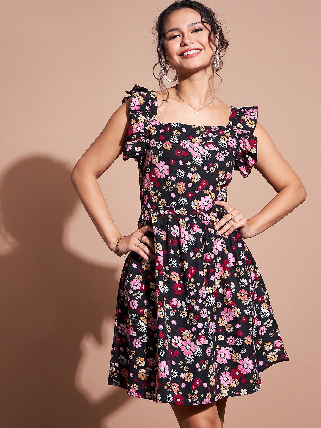 

DressBerry Floral Print Crepe Fit & Flare Dress, Black