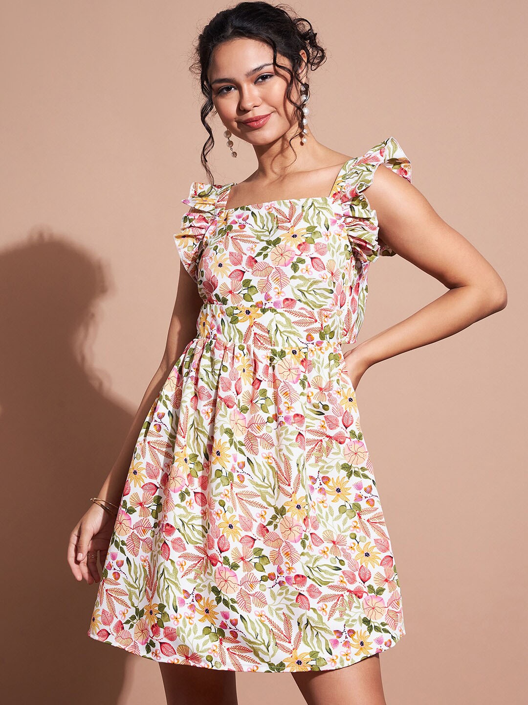 

DressBerry Floral Printed Square Neck Flutter Sleeves Fit & Flare Dress, Multi