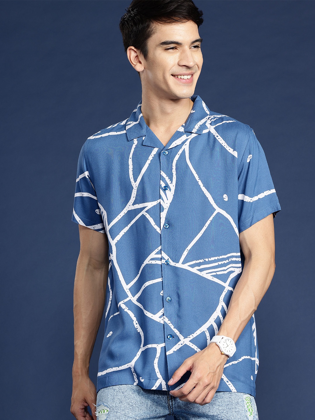 

Mast & Harbour Men Standard Abstract Printed Cuban Collar Casual Shirt, Blue