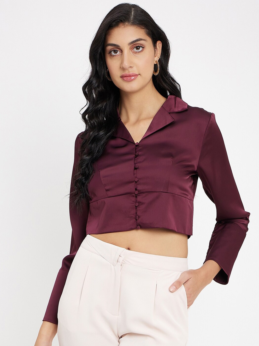 

Madame Cuban Collar Shirt Style Crop Top, Burgundy